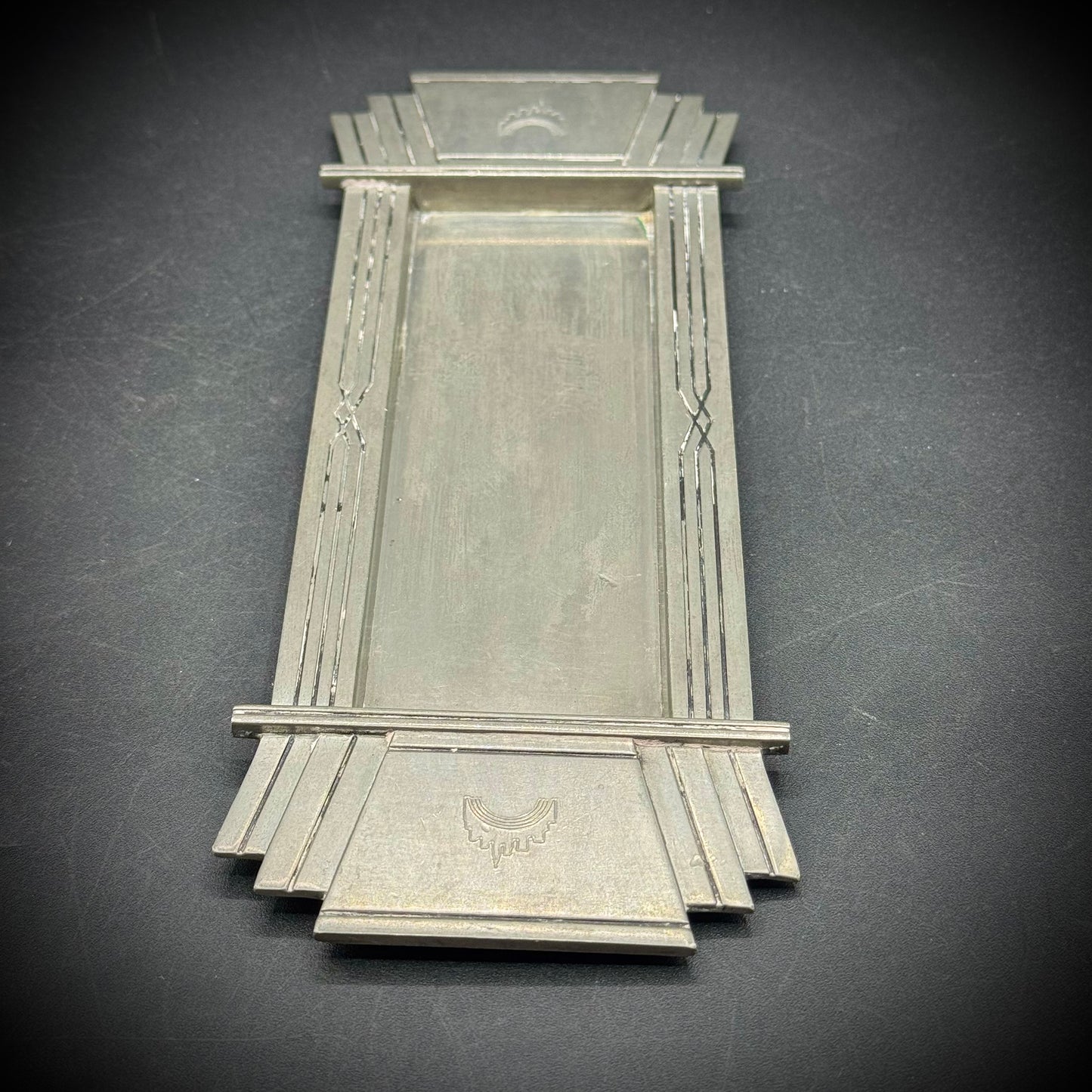 Vintage Art Deco Pewter Tray by "Rose Design" with Skyline Motif