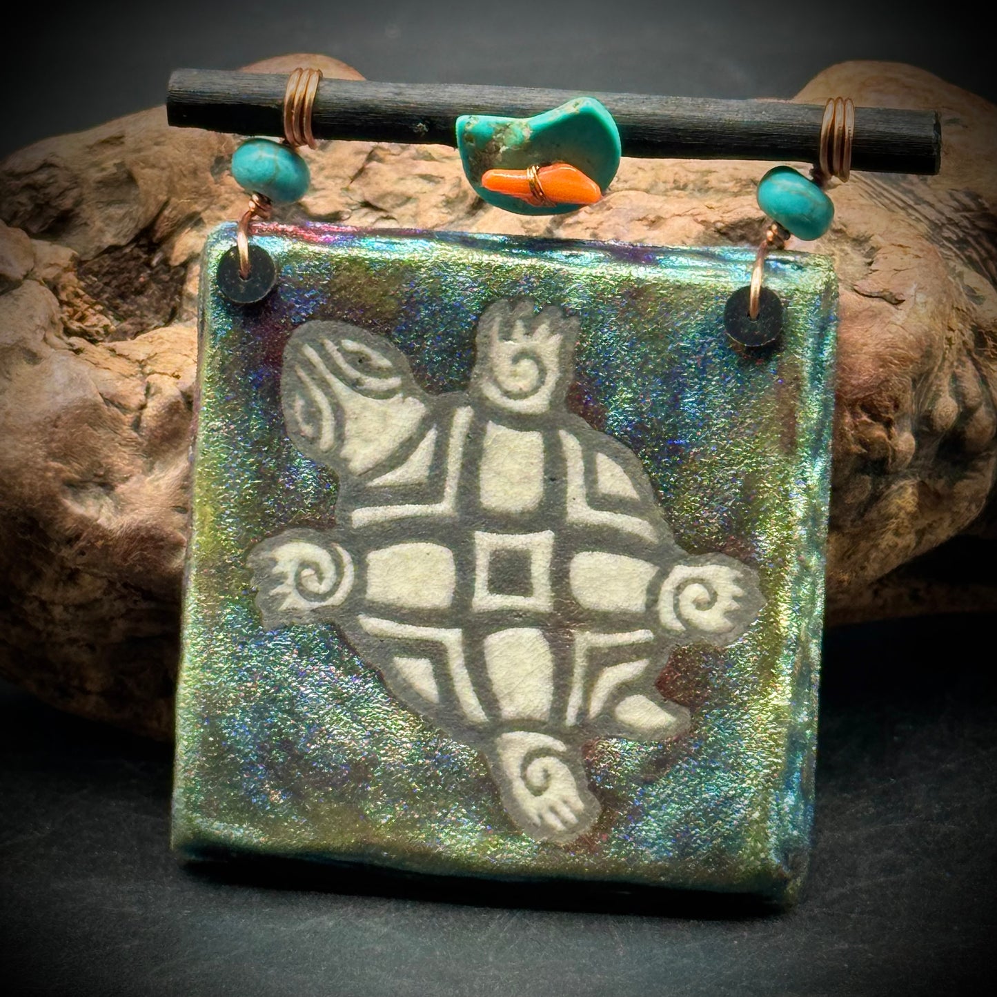 "Art With Heart" Turquoise, Coral and Raku Turtle Art Piece with Poem