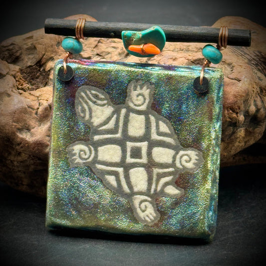 "Art With Heart" Turquoise, Coral and Raku Turtle Art Piece with Poem