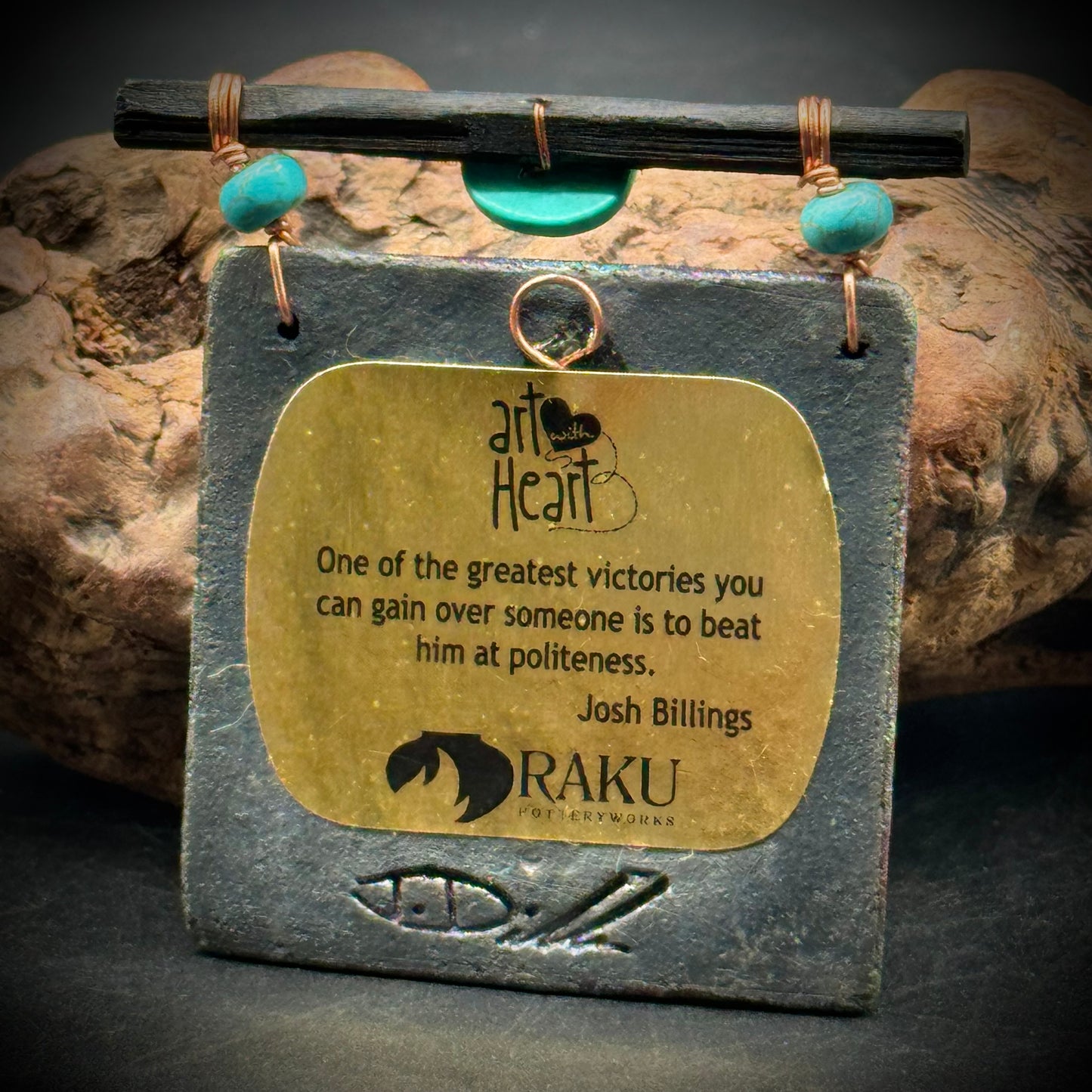 "Art With Heart" Turquoise, Coral and Raku Turtle Art Piece with Poem