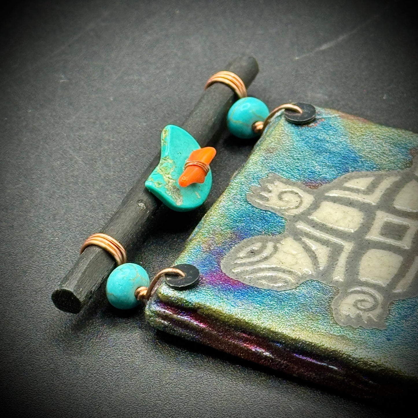 "Art With Heart" Turquoise, Coral and Raku Turtle Art Piece with Poem