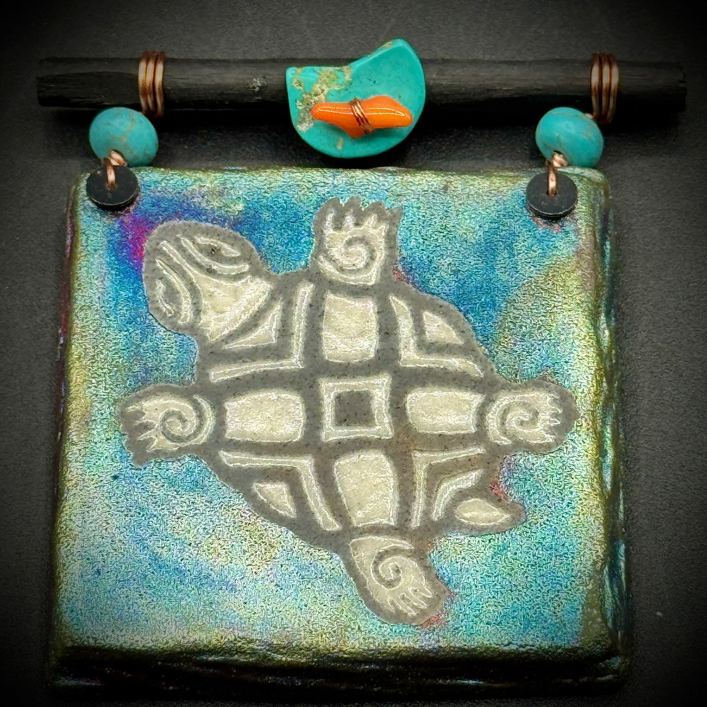 "Art With Heart" Turquoise, Coral and Raku Turtle Art Piece with Poem