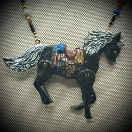 Vintage Dorian Designs 1990 Large Articulating Horse Necklace w/Real Stones