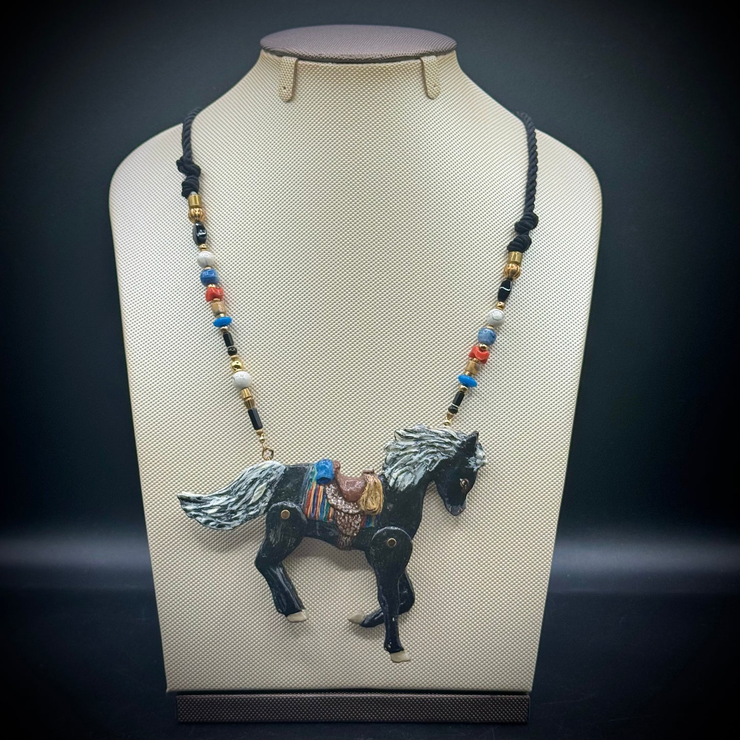 Vintage Dorian Designs 1990 Large Articulating Horse Necklace w/Real Stones