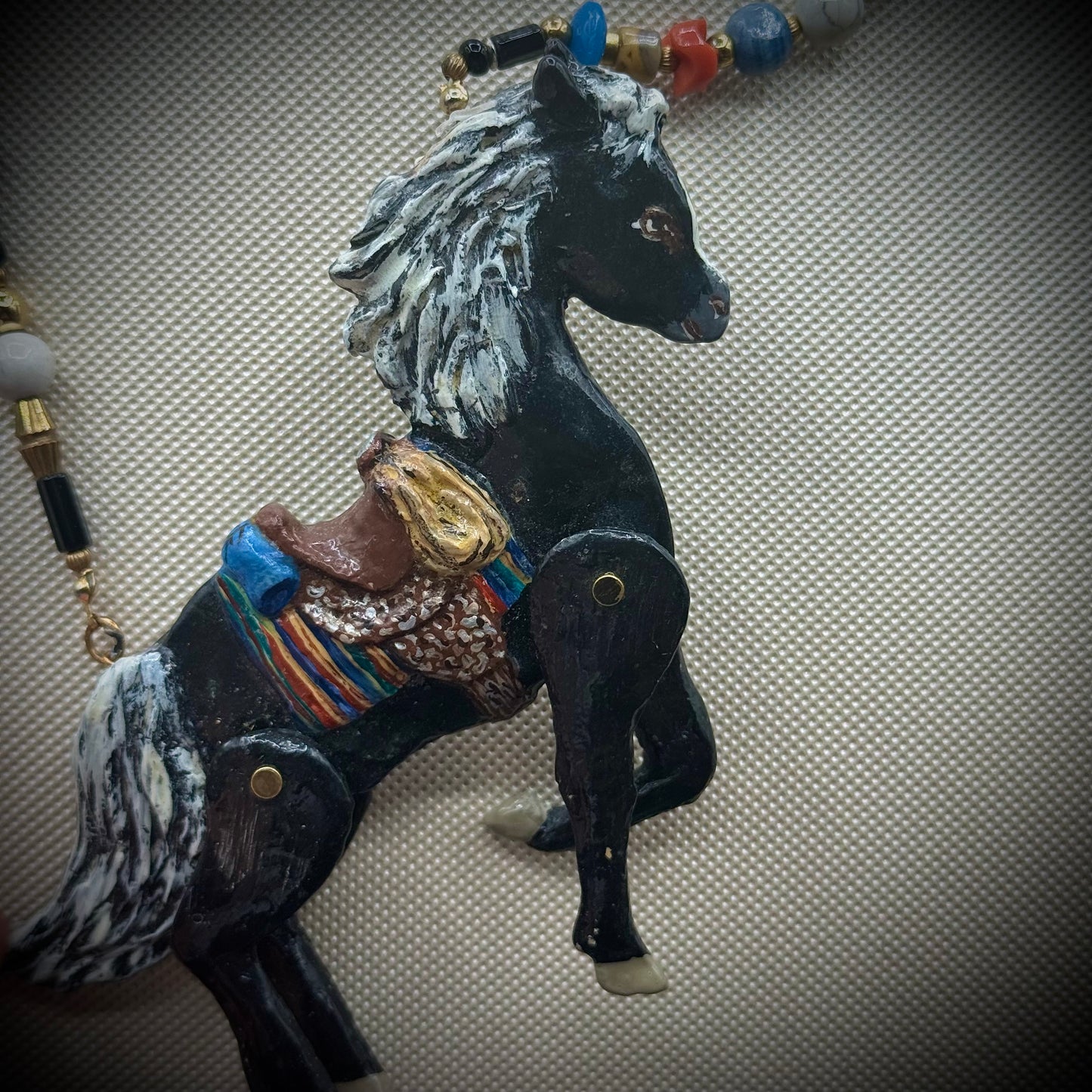 Vintage Dorian Designs 1990 Large Articulating Horse Necklace w/Real Stones