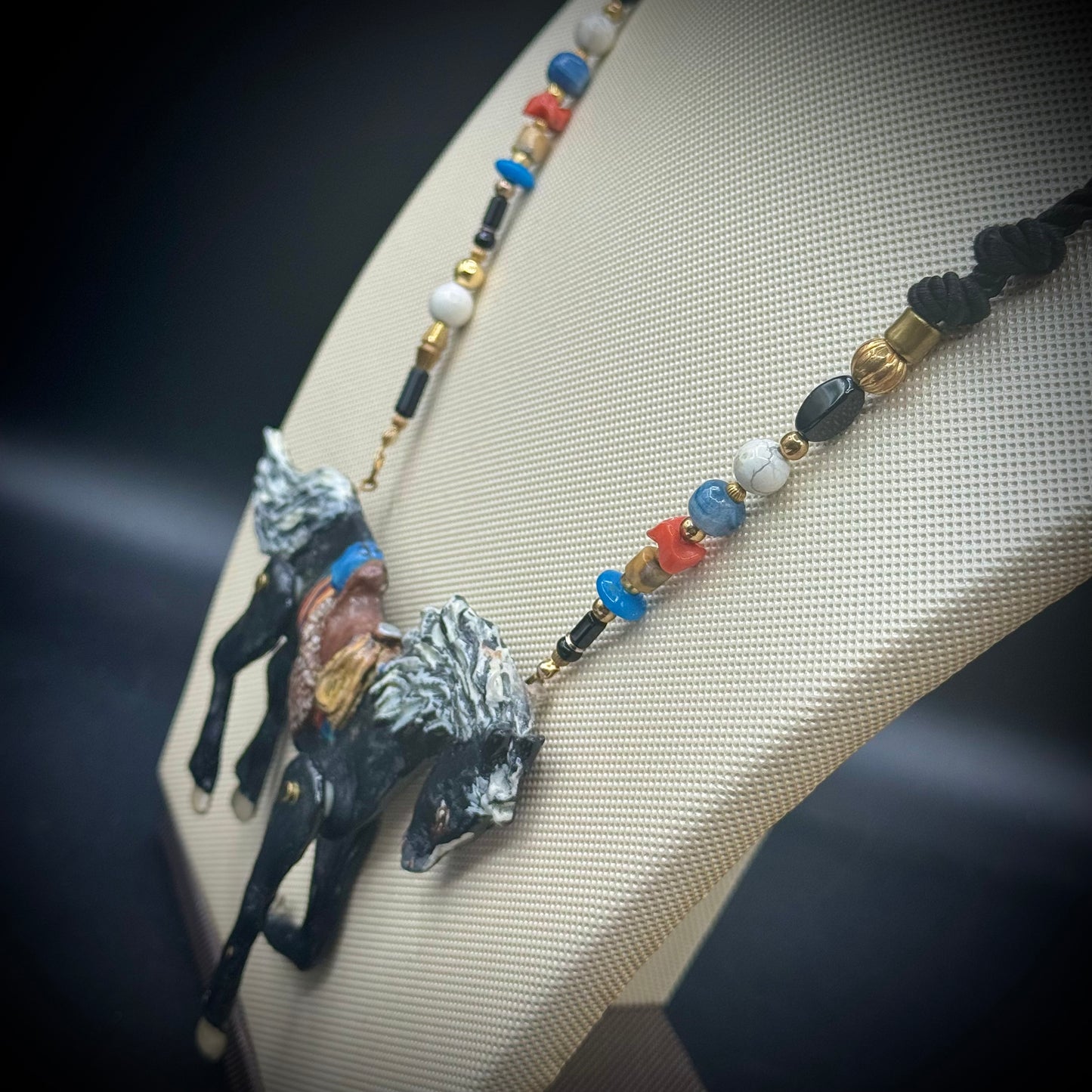 Vintage Dorian Designs 1990 Large Articulating Horse Necklace w/Real Stones