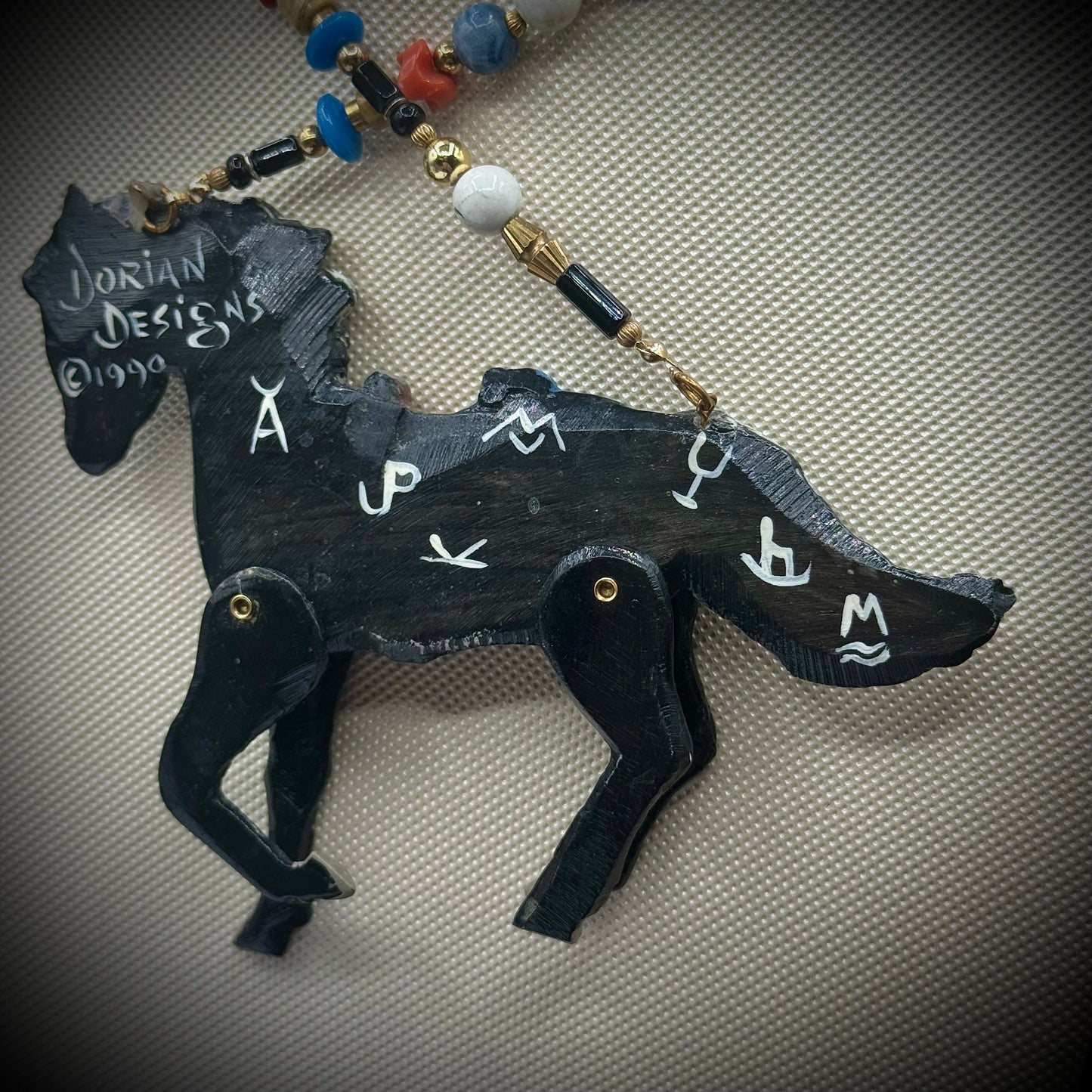 Vintage Dorian Designs 1990 Large Articulating Horse Necklace w/Real Stones