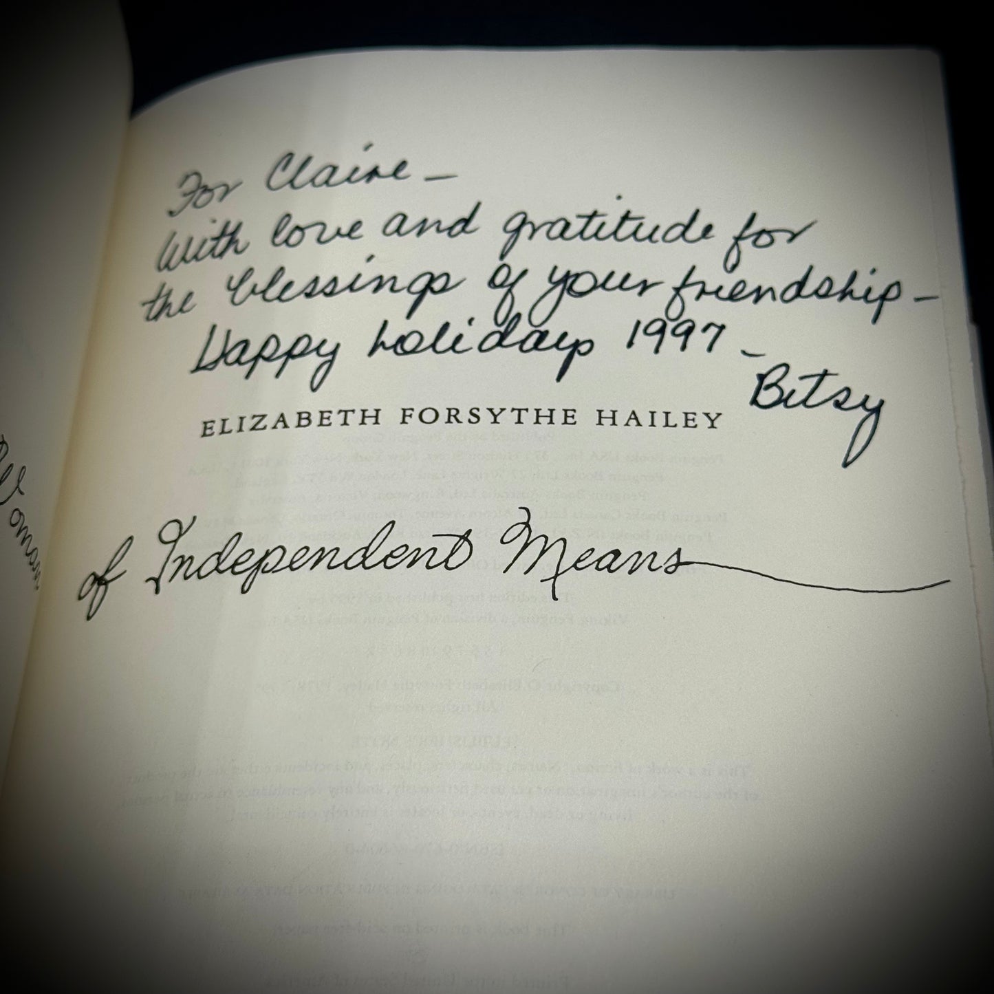 RARE Personally Signed "A Woman of independent Means" By Elizabeth Forsythe Hailey