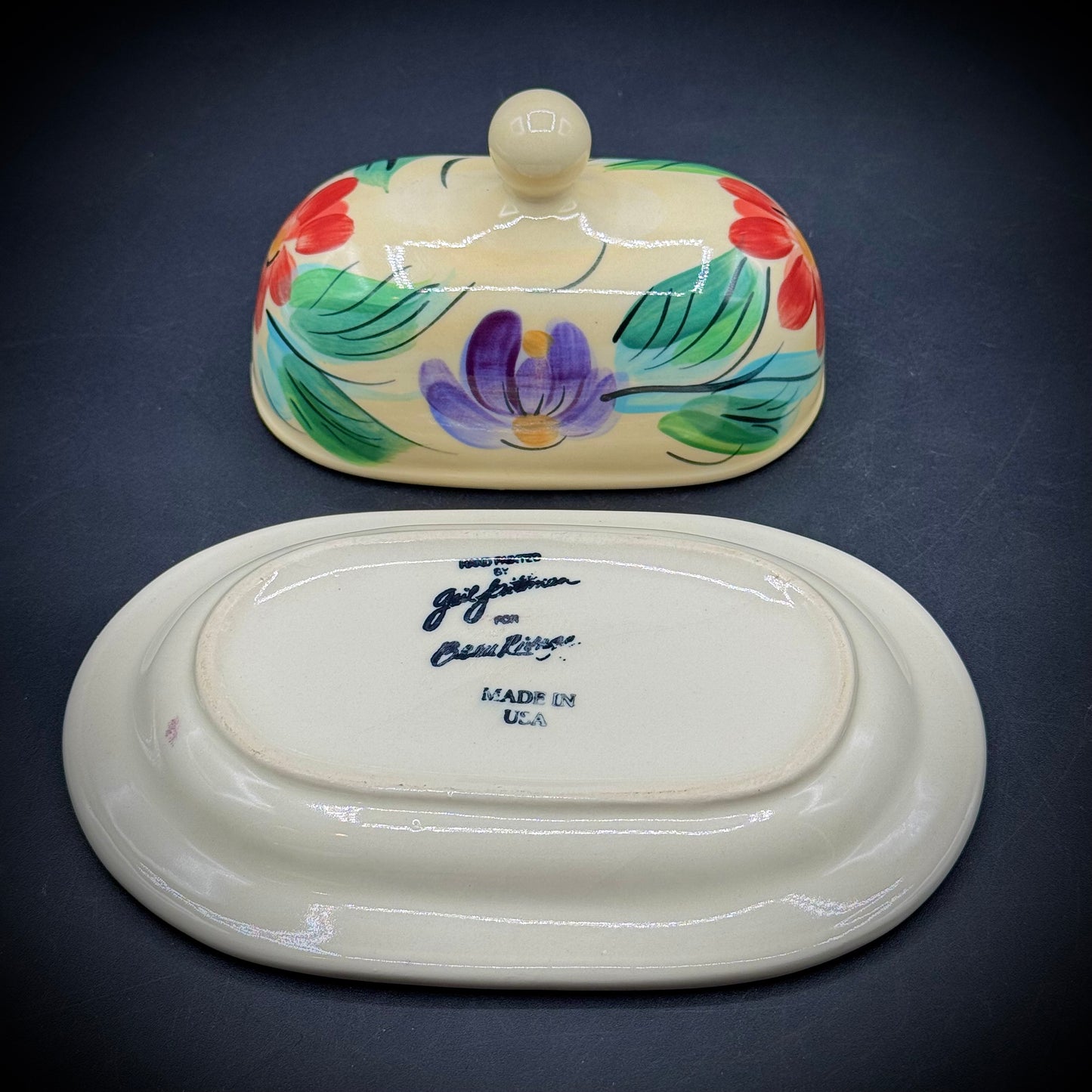 Vintage Hand Painted Gail Pittman Beau Rivage Lidded Butter Dish