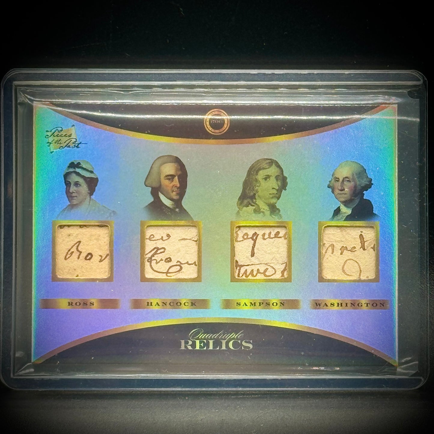 Pieces of The Past Quad Relic Card with George Washington, John Hancock, Deborah Sampson & Betsy Ross