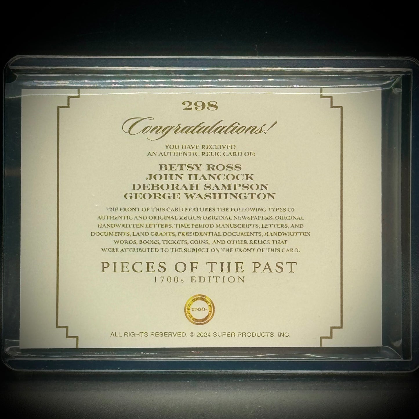 Pieces of The Past Quad Relic Card with George Washington, John Hancock, Deborah Sampson & Betsy Ross