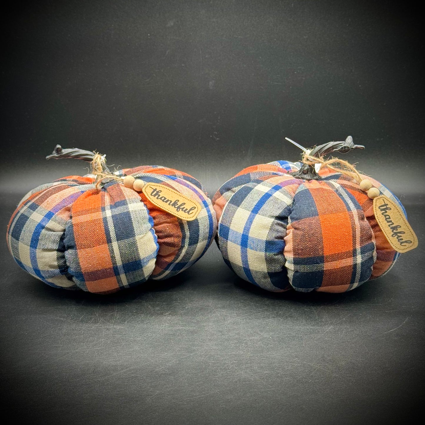 Pair of Decorative Orange Plaid Fabric "Thankful" Pumpkins
