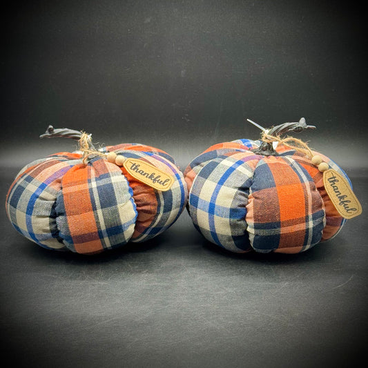 Pair of Decorative Orange Plaid Fabric "Thankful" Pumpkins