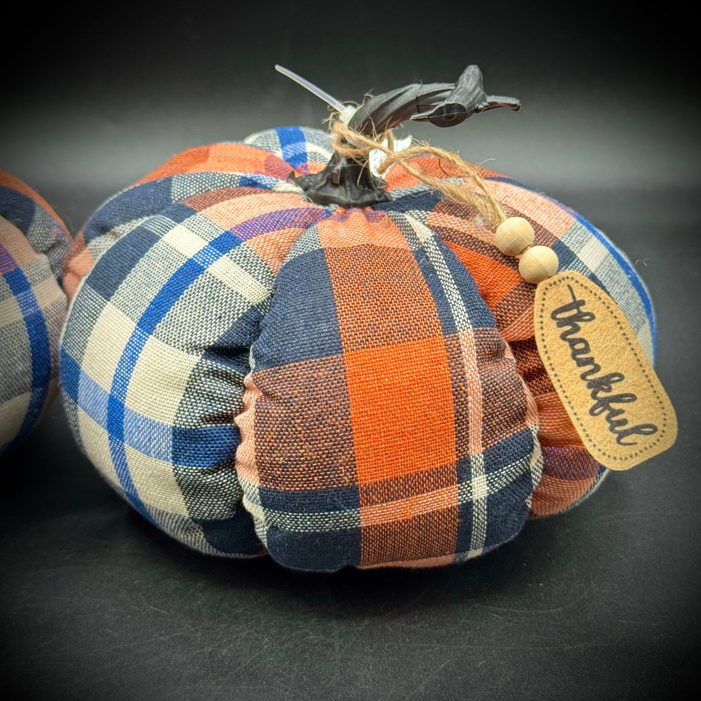 Pair of Decorative Orange Plaid Fabric "Thankful" Pumpkins