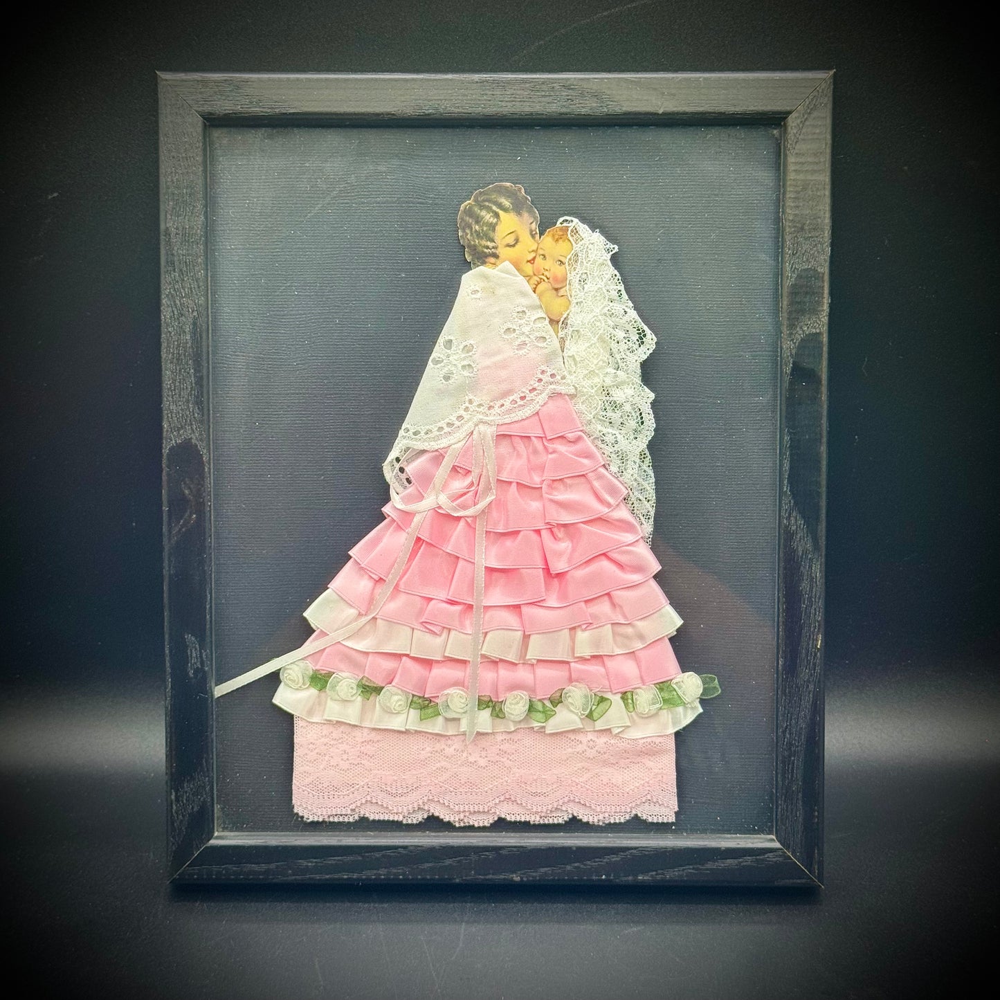 Vintage Framed Mixed Media Fabric & Image "Woman & Baby"
