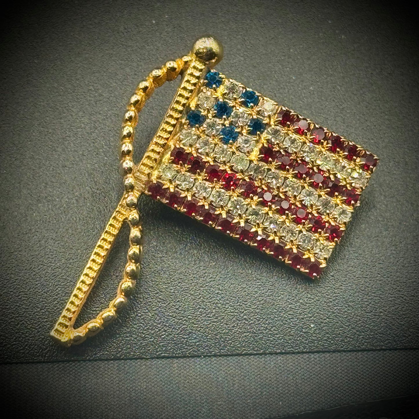 Vintage Signed Rafaelian Rhinestone US Flag Brooch