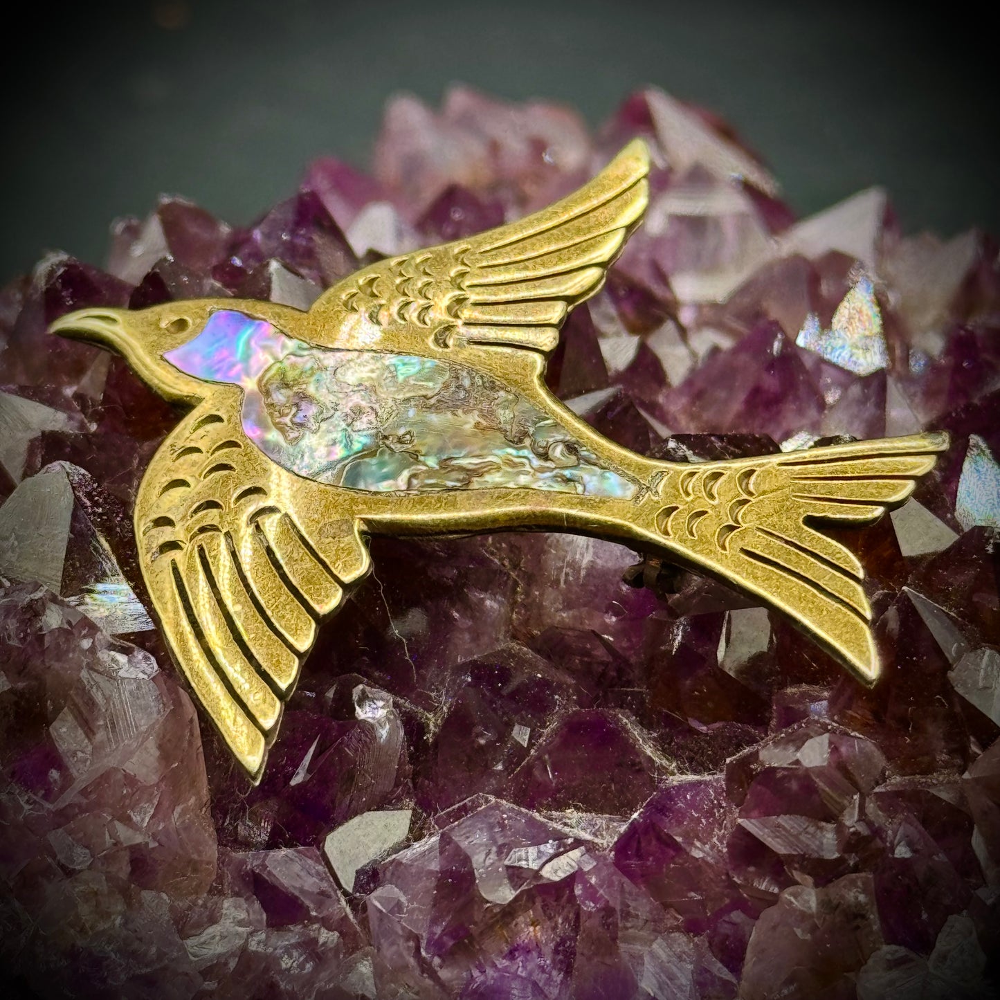 Stunning Taxco Plumb Gold & Abalone Swallow Bird Pin