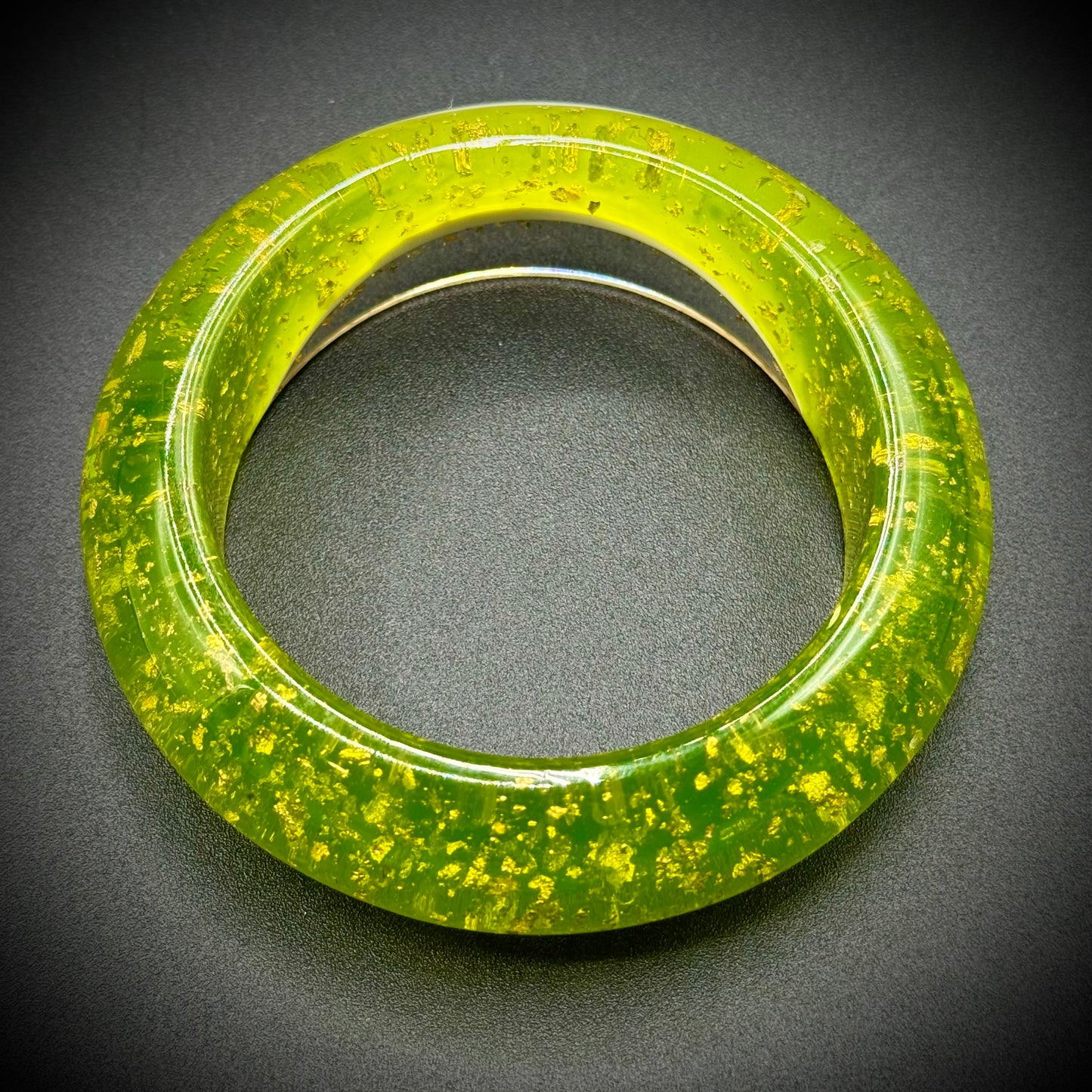 Vintage 1950's Green Apple Lucite Bangle w/Gold Flakes & Rhinestones