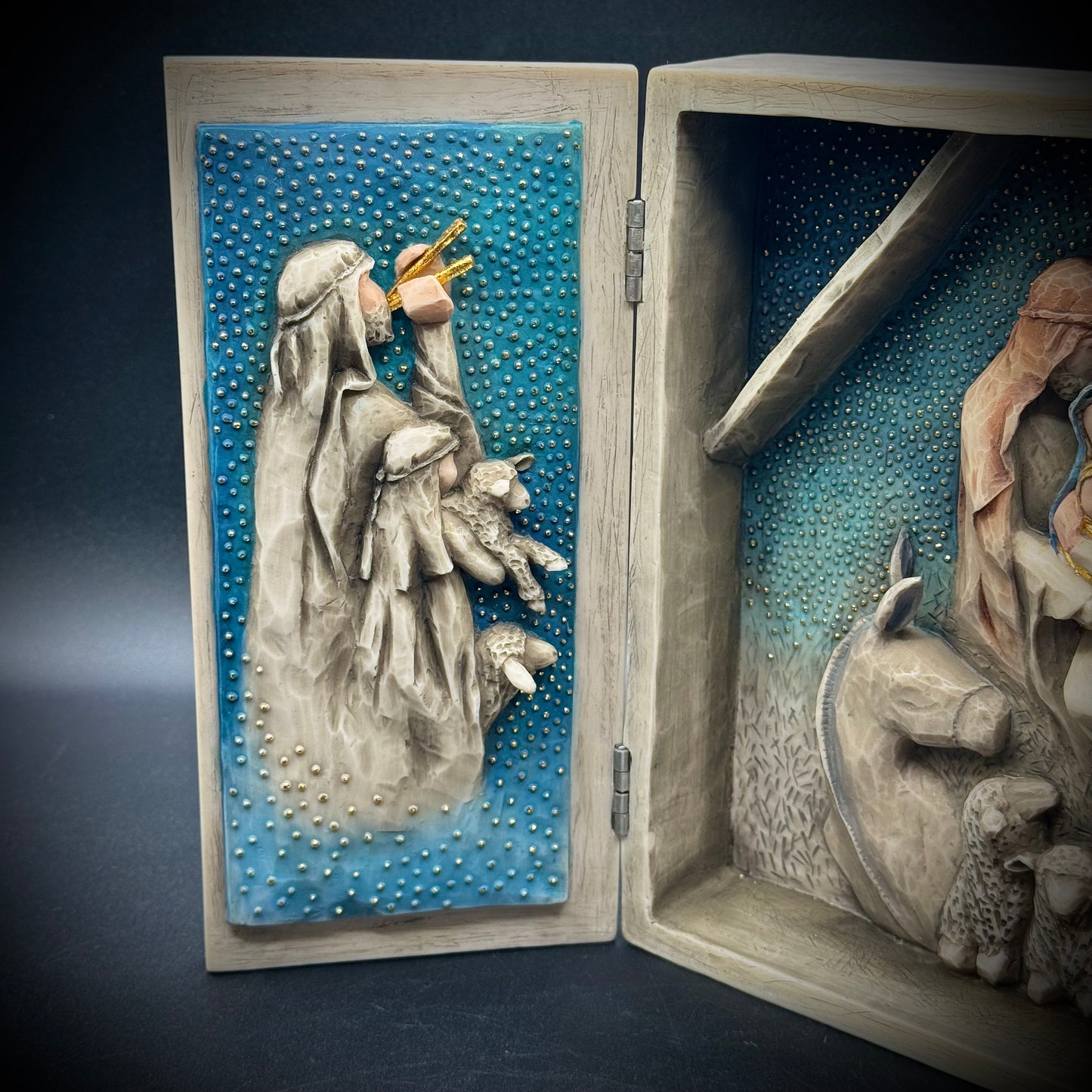 Stunning New in Box Willow Tree "Starry Night Nativity" Triptych