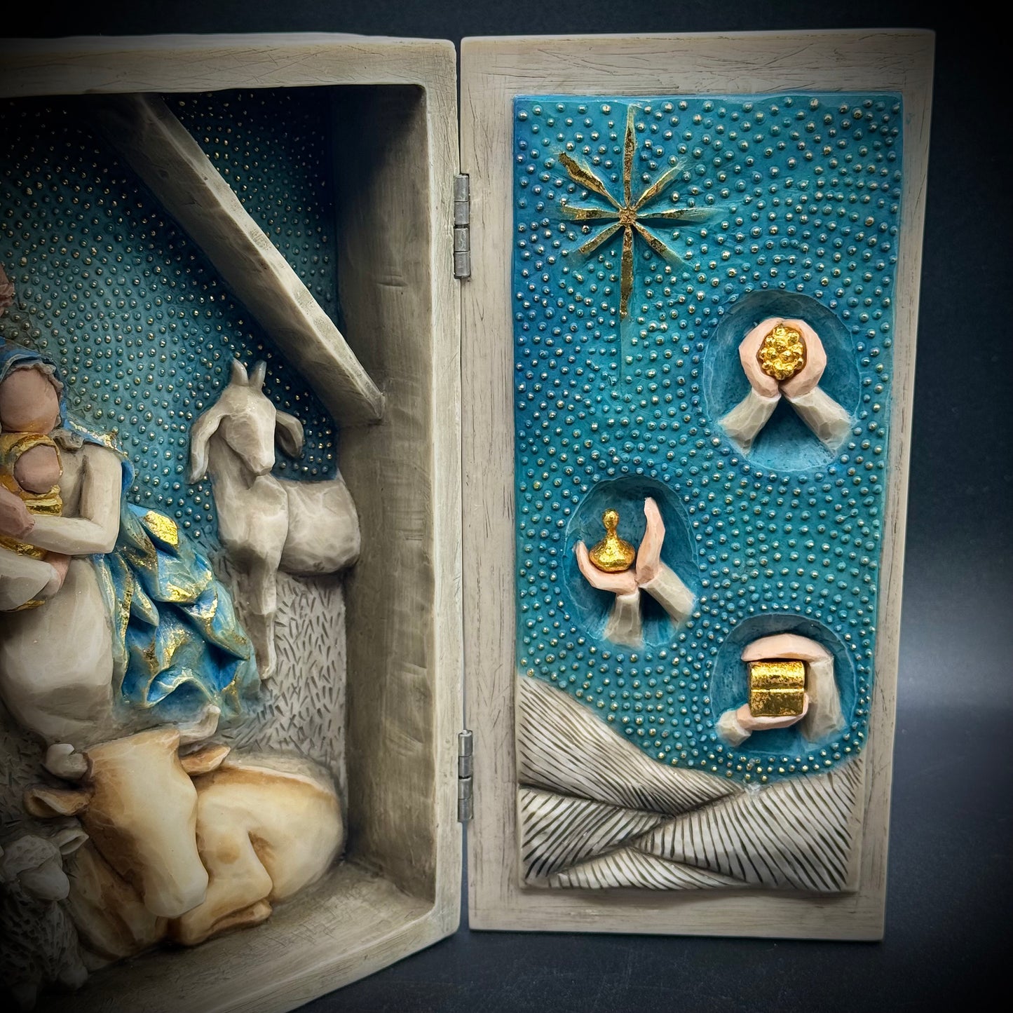 Stunning New in Box Willow Tree "Starry Night Nativity" Triptych