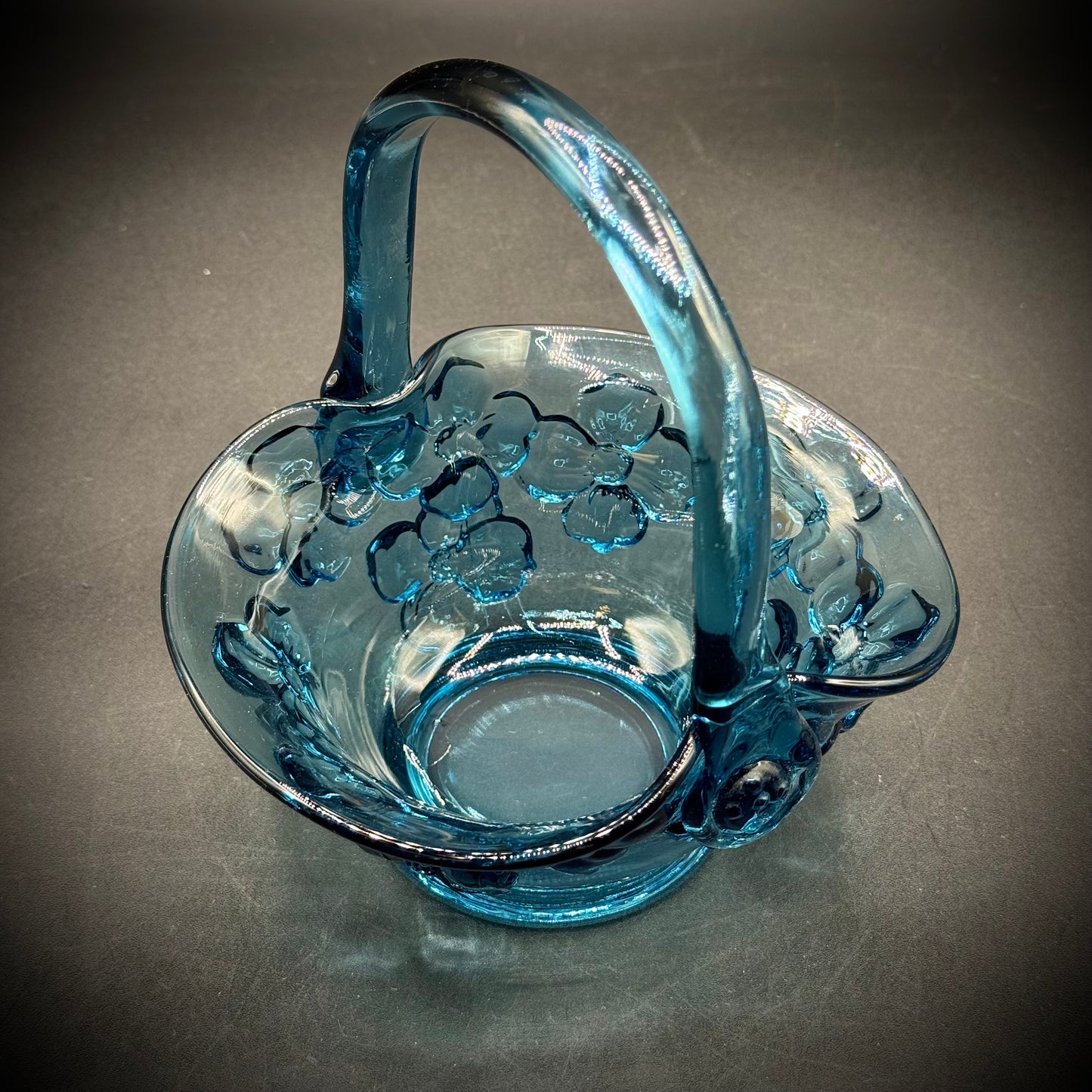 Indiana Tiara Blue Glass Small Basket with Dogwood Flower Motif