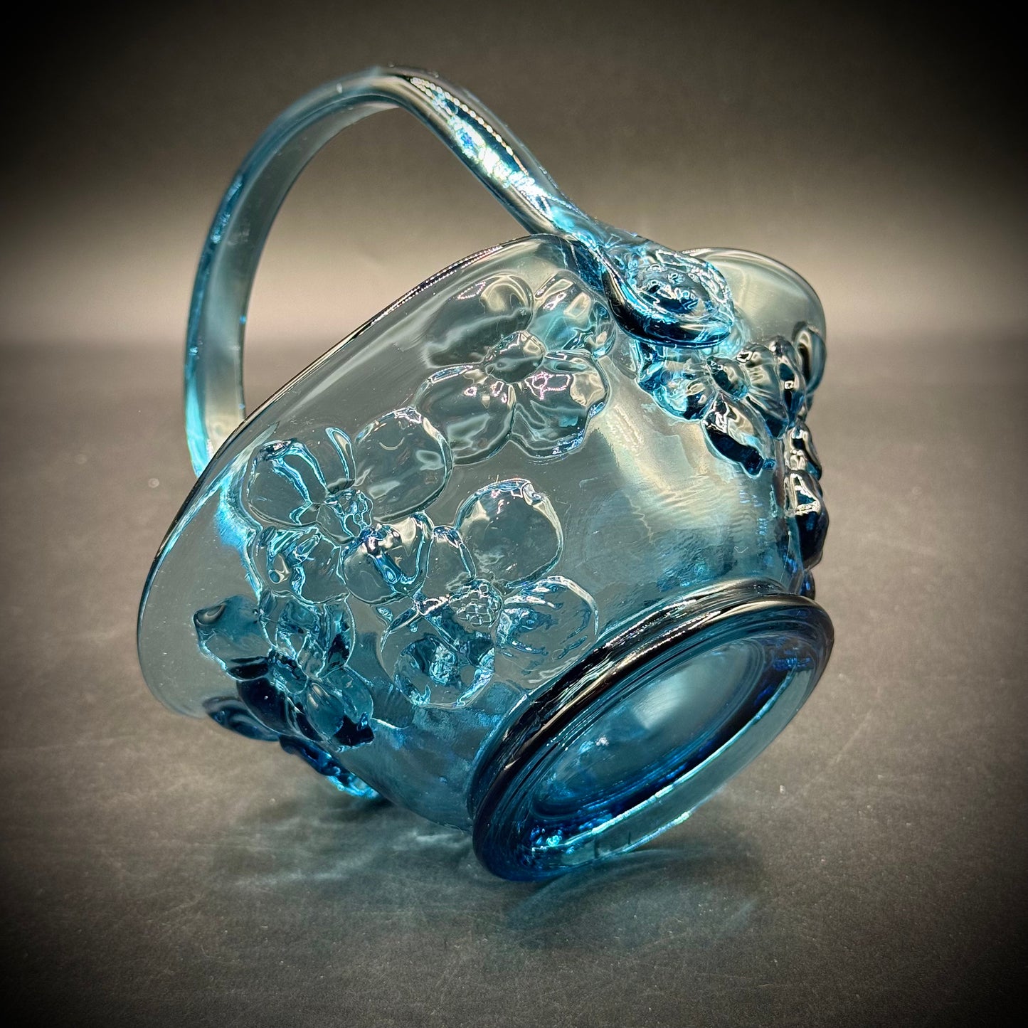 Indiana Tiara Blue Glass Small Basket with Dogwood Flower Motif
