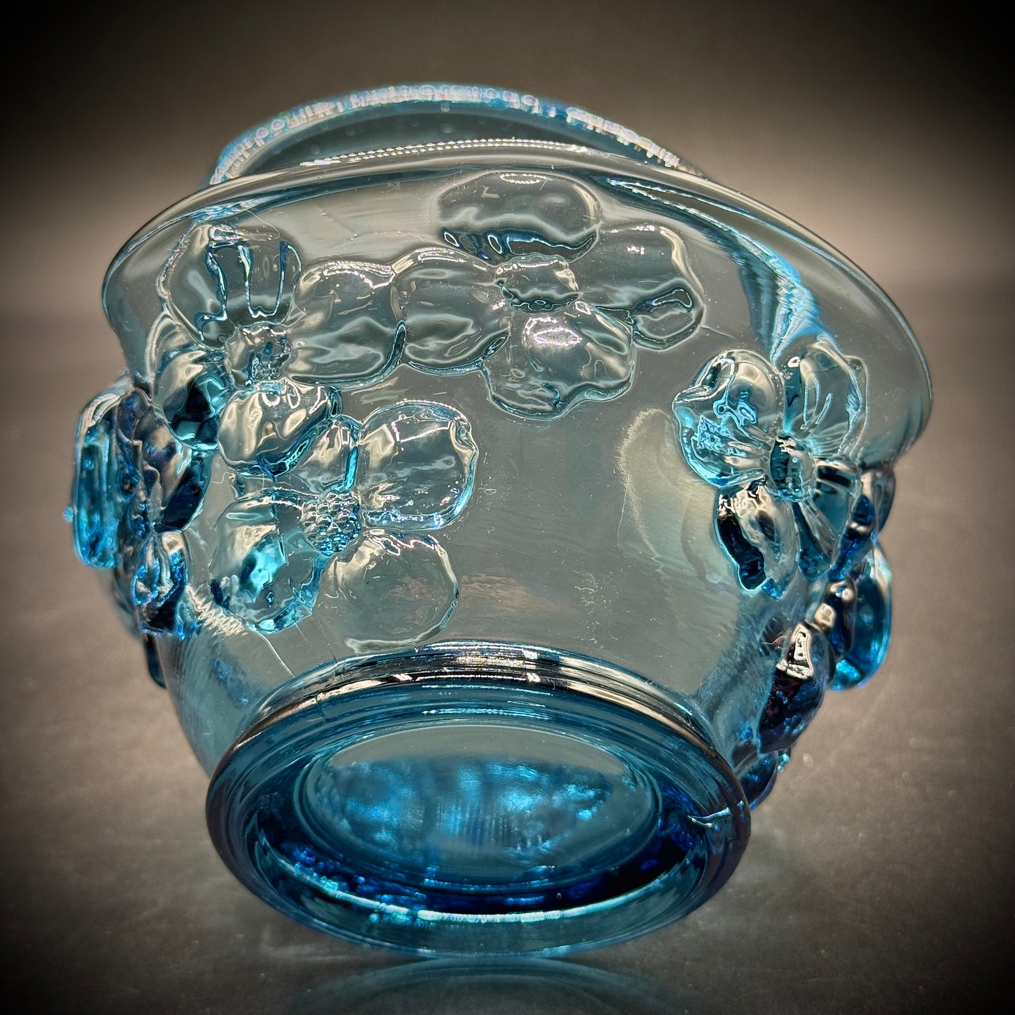 Indiana Tiara Blue Glass Small Basket with Dogwood Flower Motif