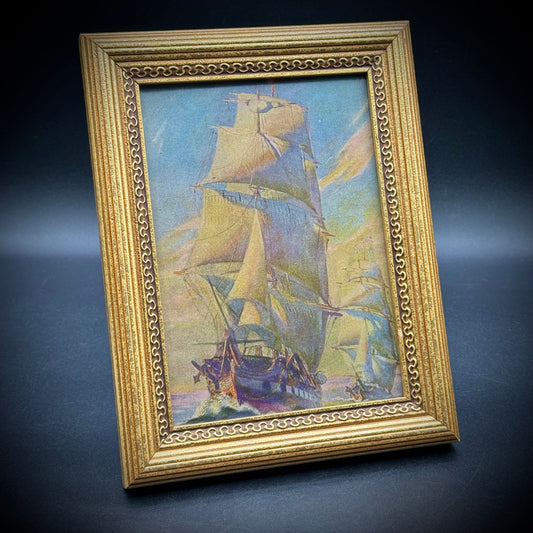 Vintage Gold Tone Frame with Antique Sailing Ship Print