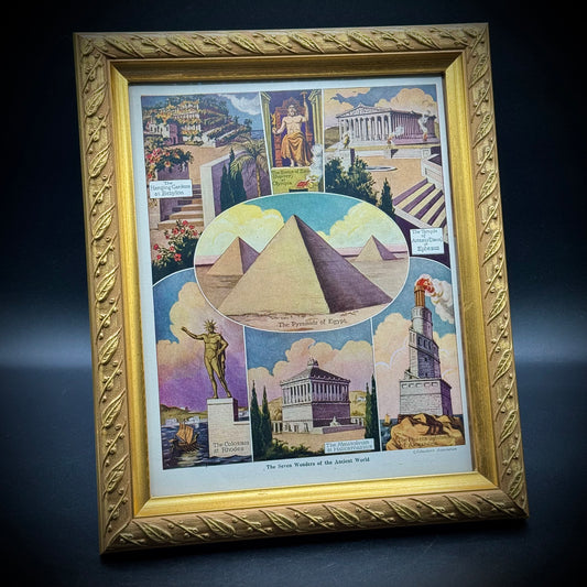Ornate Gold Tone Frame with Antique 1916 Print of The Seven Wonders of The Ancient World