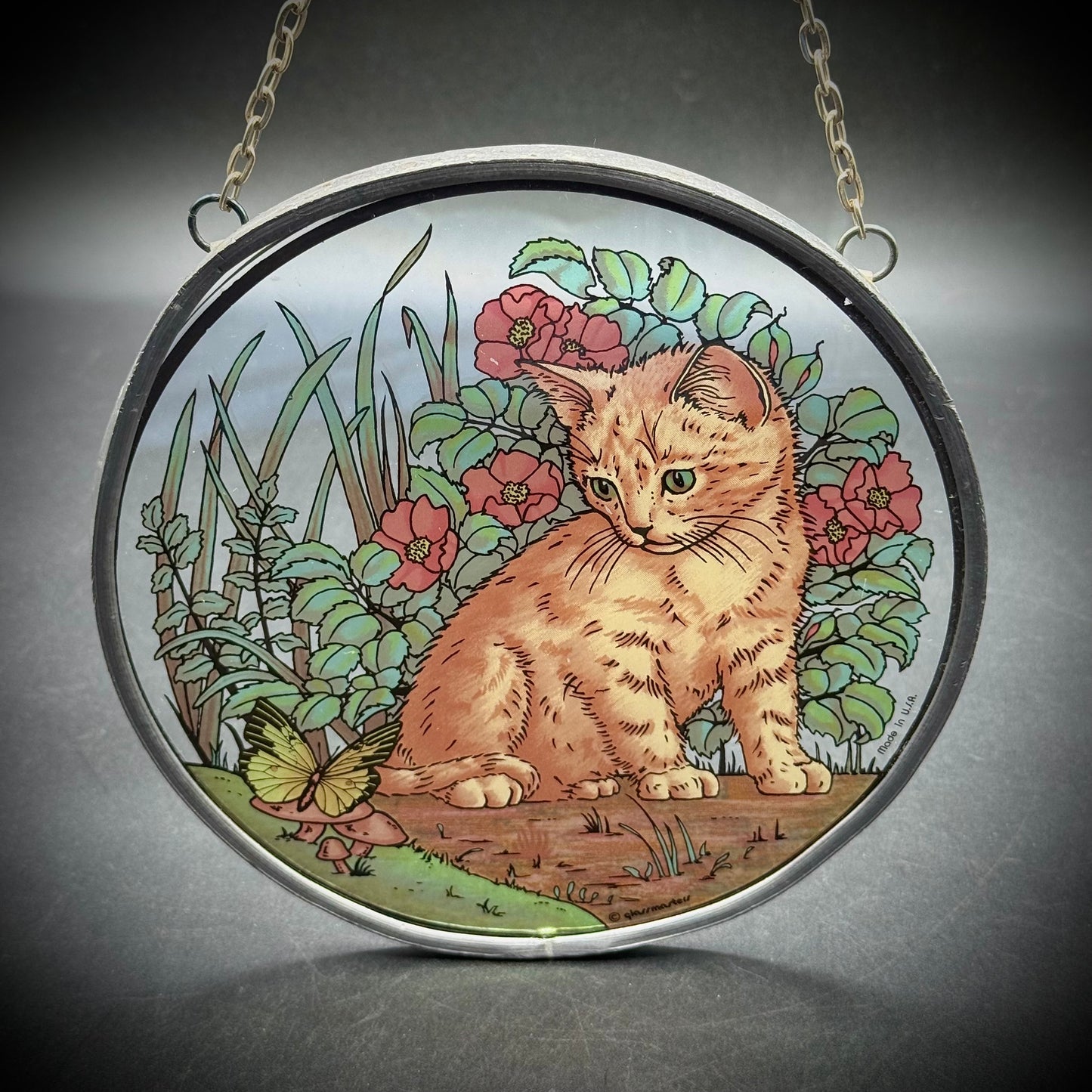 Vintage Hanging Glassmasters Cat & Butterfly Stained Glass Art Piece