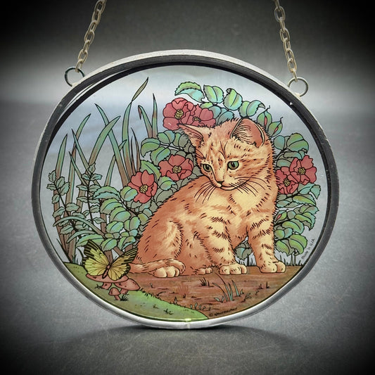 Vintage Hanging Glassmasters Cat & Butterfly Stained Glass Art Piece