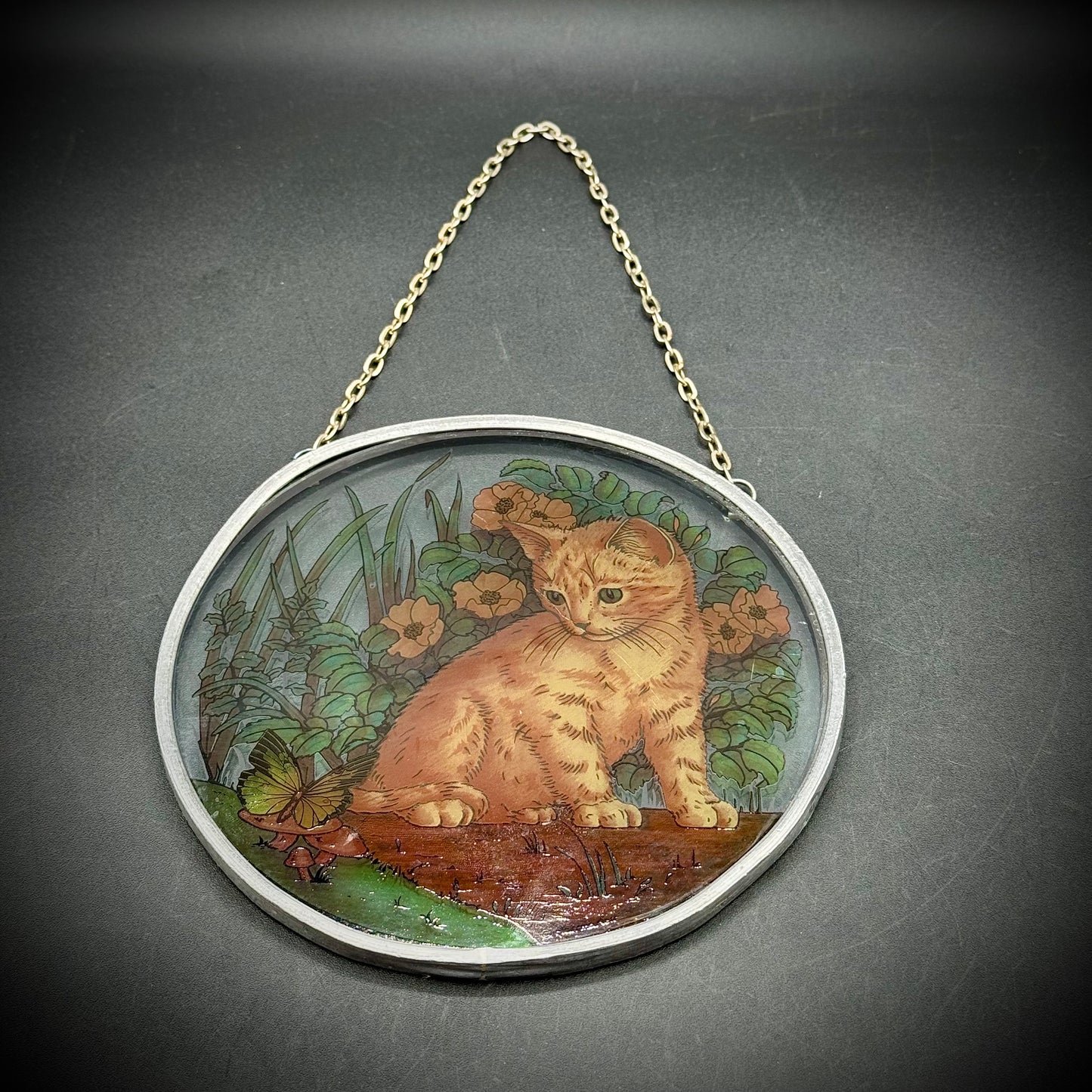 Vintage Hanging Glassmasters Cat & Butterfly Stained Glass Art Piece