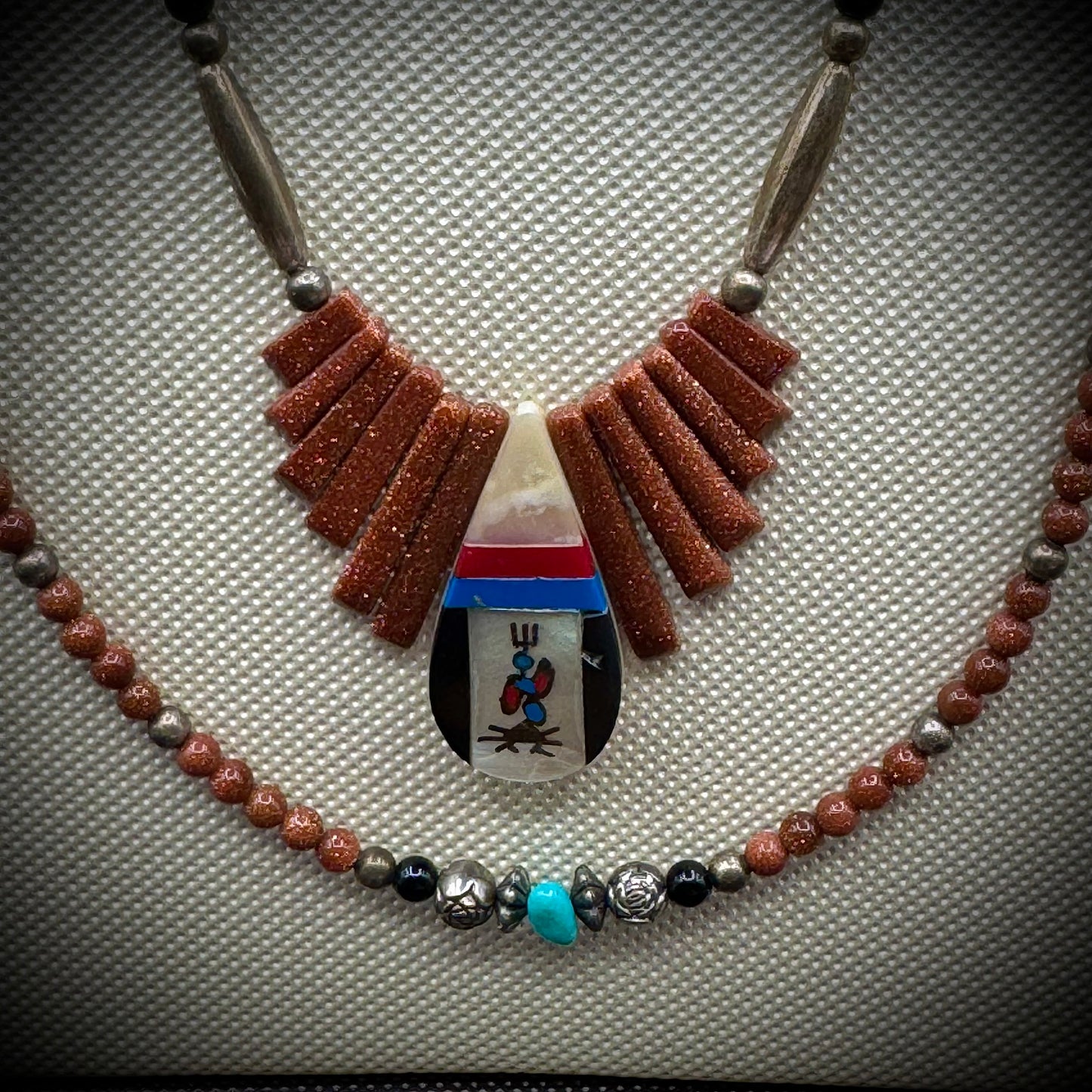 Stunning Native American Two Strand Necklace with Turquoise, Carnelian, Silver, Goldstone & Mother of Pearl
