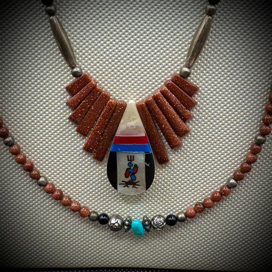 Stunning Native American Two Strand Necklace with Turquoise, Carnelian, Silver, Goldstone & Mother of Pearl