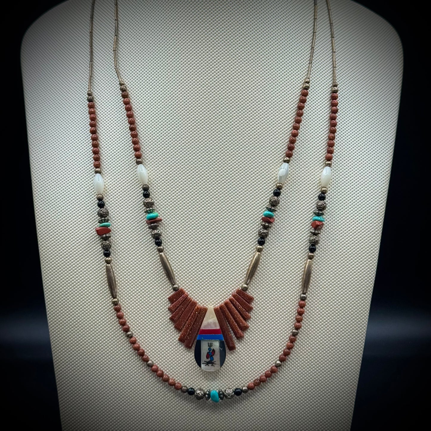Stunning Native American Two Strand Necklace with Turquoise, Carnelian, Silver, Goldstone & Mother of Pearl