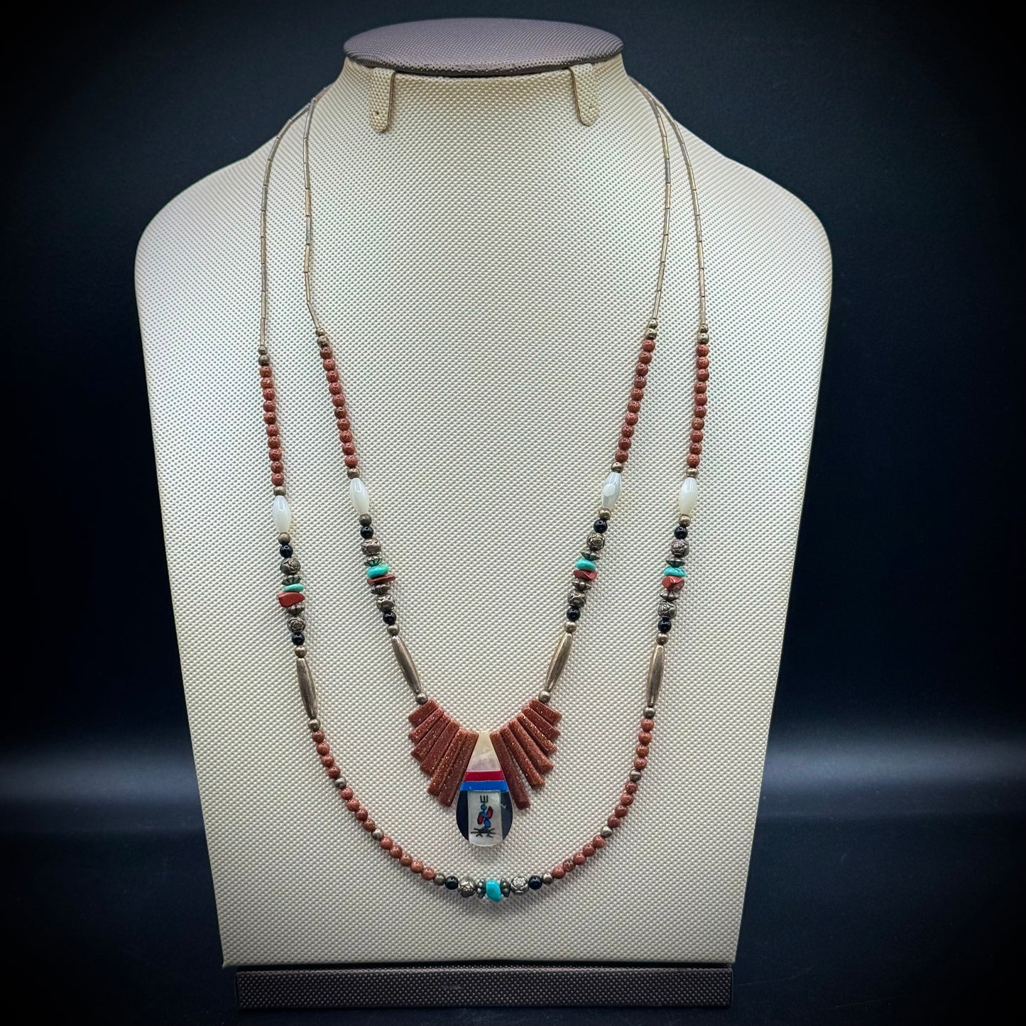 Stunning Native American Two Strand Necklace with Turquoise, Carnelian, Silver, Goldstone & Mother of Pearl