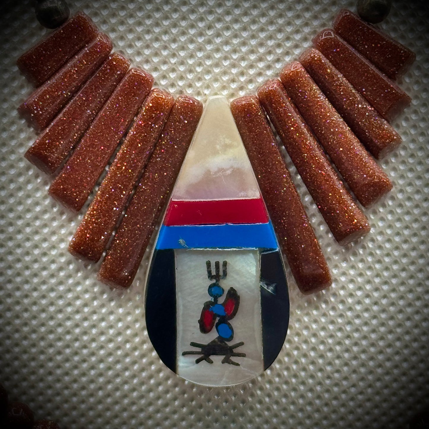 Stunning Native American Two Strand Necklace with Turquoise, Carnelian, Silver, Goldstone & Mother of Pearl