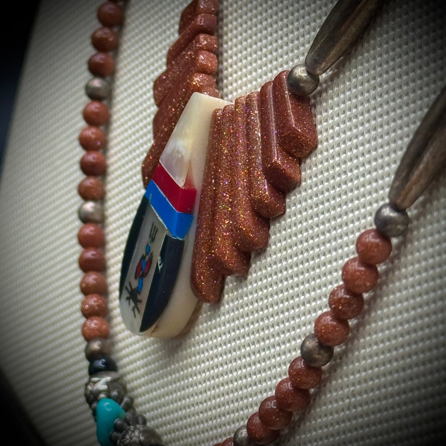 Stunning Native American Two Strand Necklace with Turquoise, Carnelian, Silver, Goldstone & Mother of Pearl