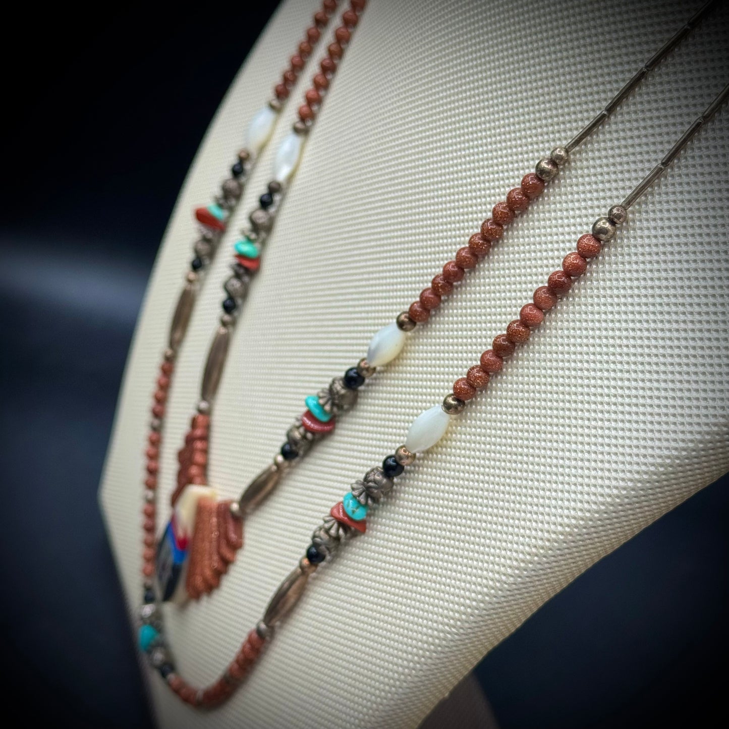 Stunning Native American Two Strand Necklace with Turquoise, Carnelian, Silver, Goldstone & Mother of Pearl