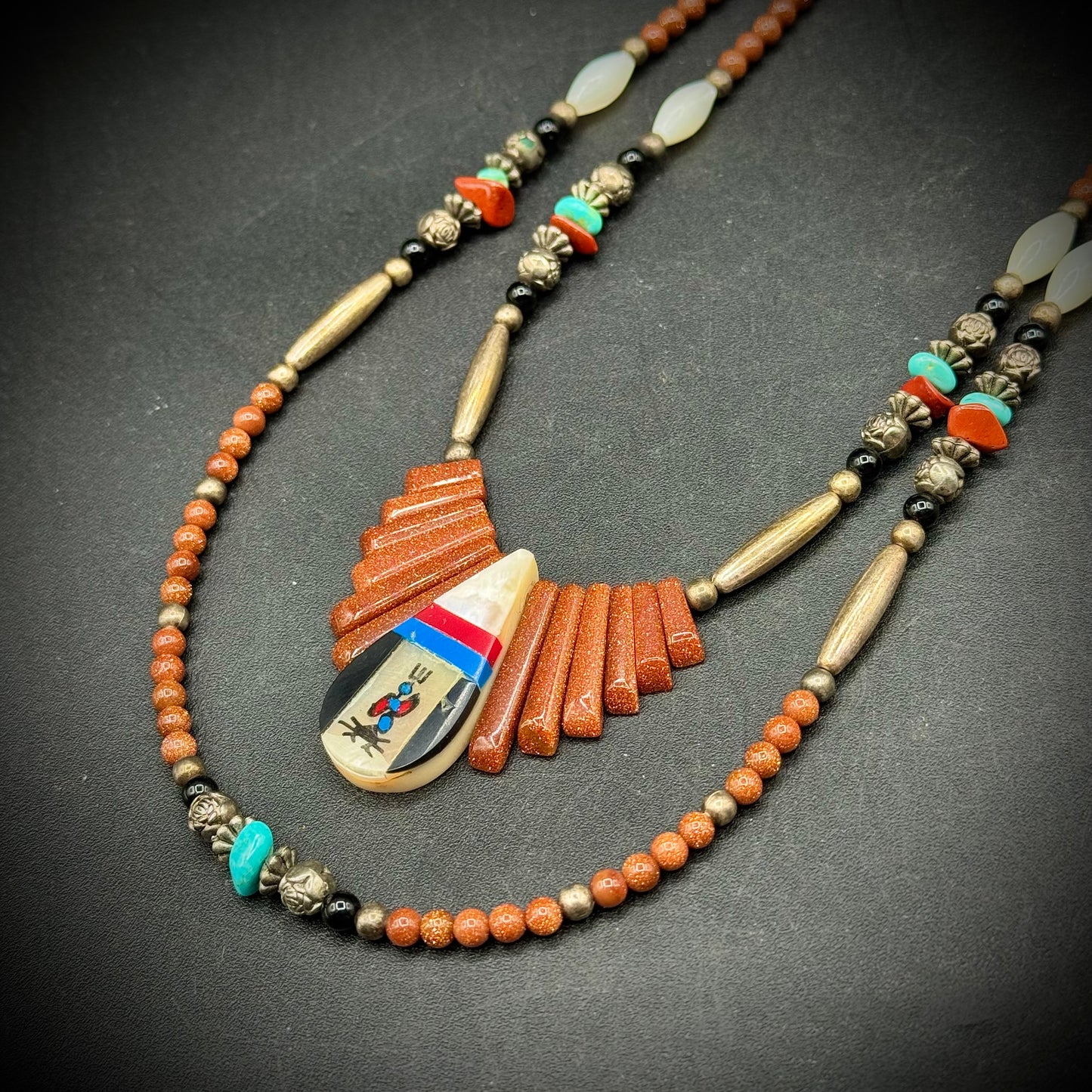 Stunning Native American Two Strand Necklace with Turquoise, Carnelian, Silver, Goldstone & Mother of Pearl