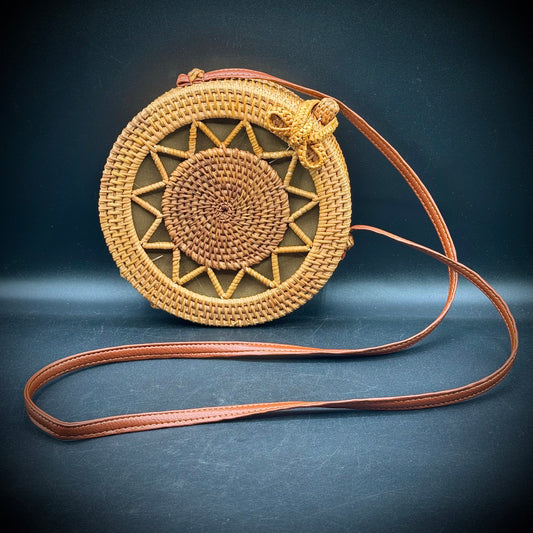 Rattan Purse with Long Faux Leather Strap