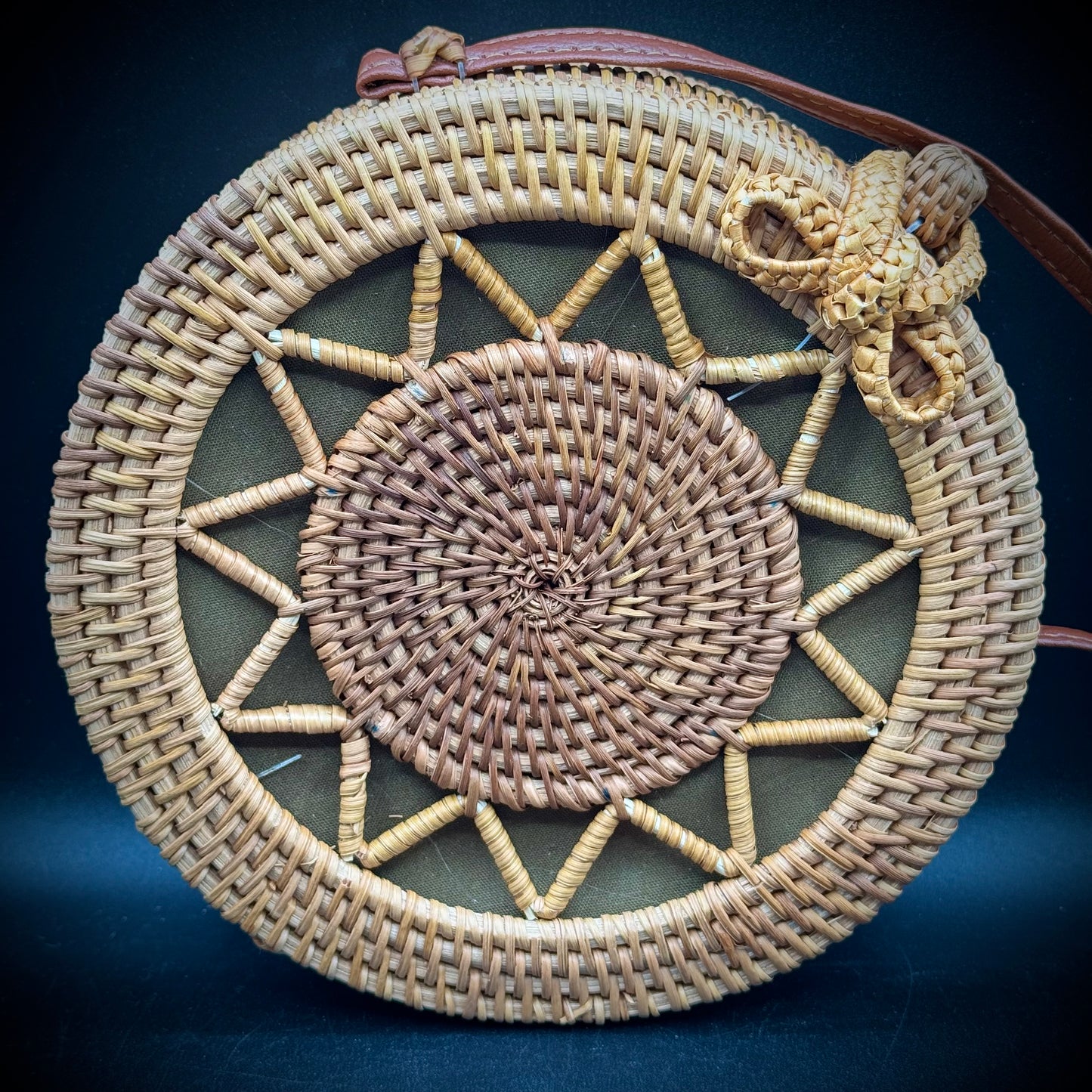 Rattan Purse with Long Faux Leather Strap