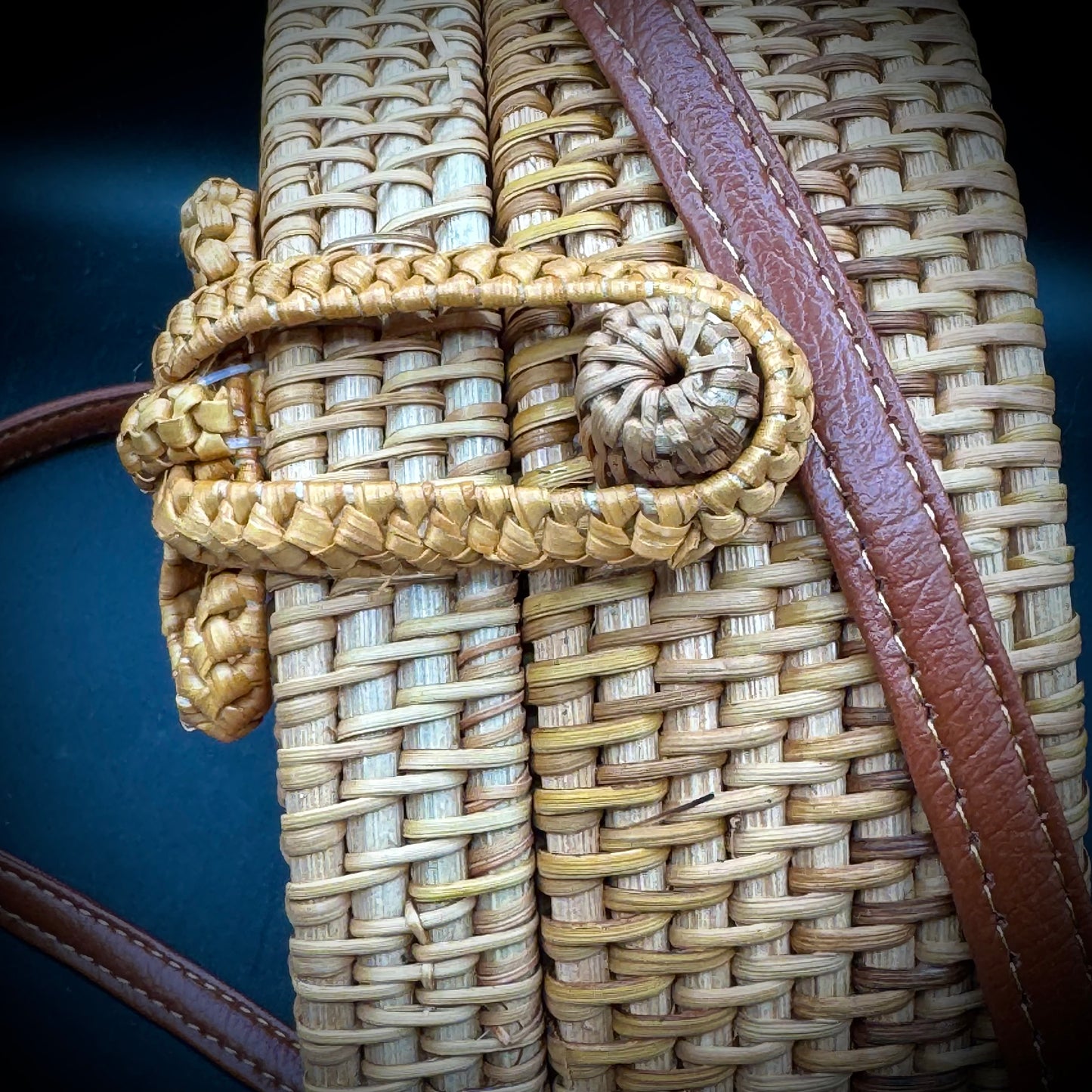 Rattan Purse with Long Faux Leather Strap