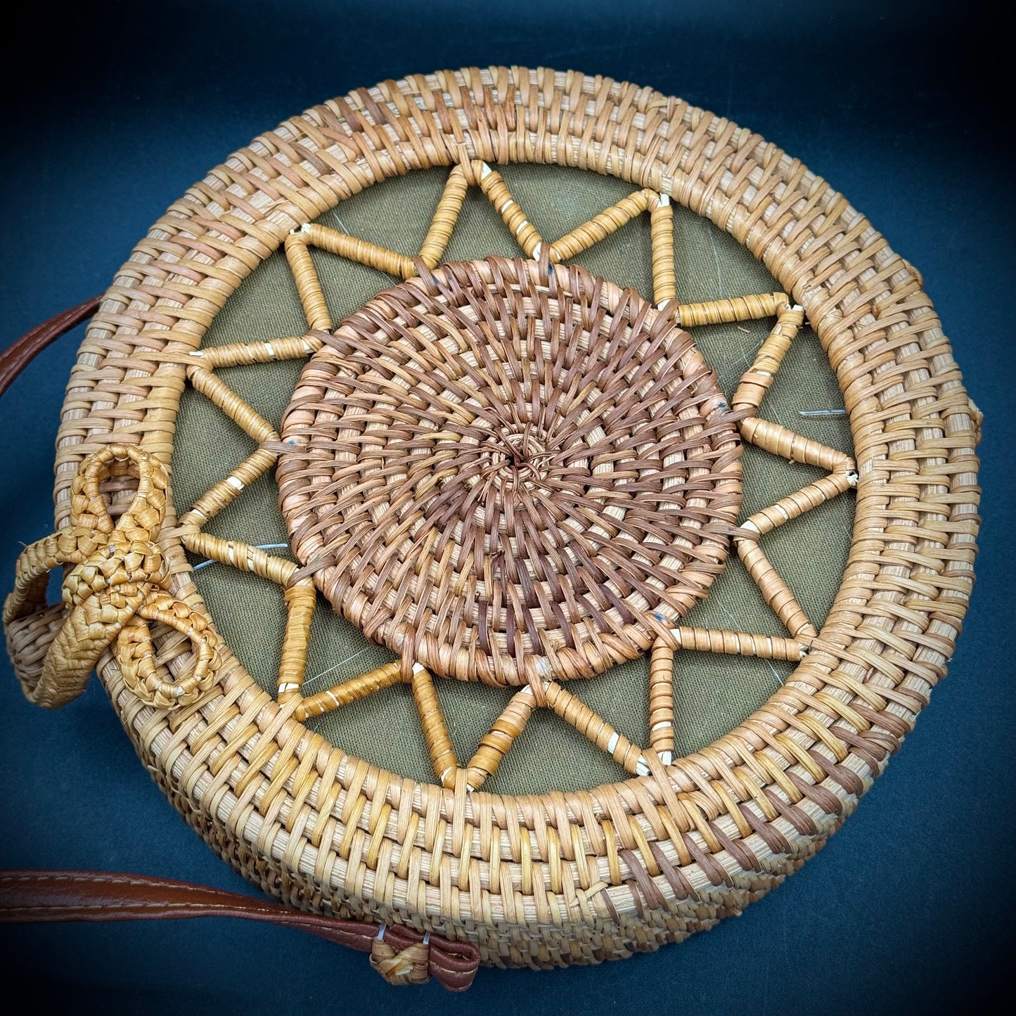 Rattan Purse with Long Faux Leather Strap