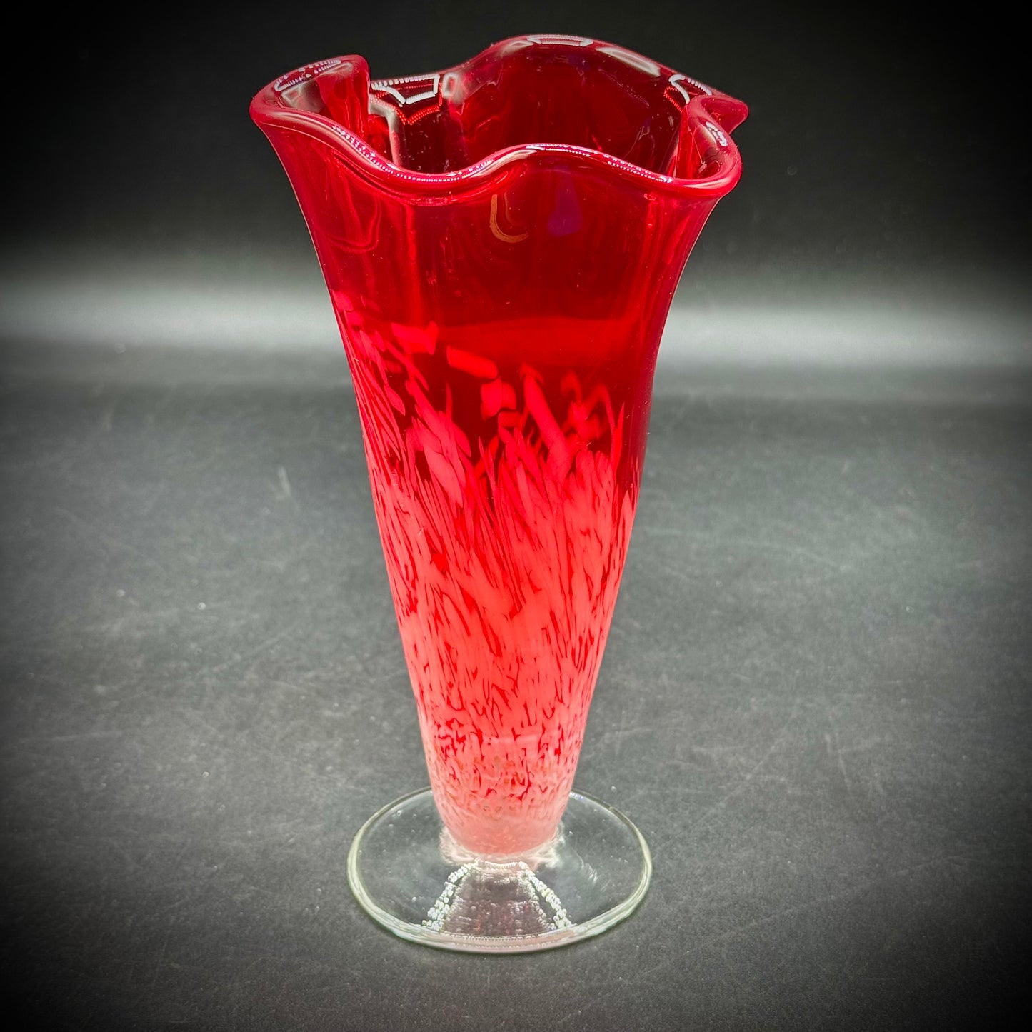 Red & White Art Glass Ruffle Vase