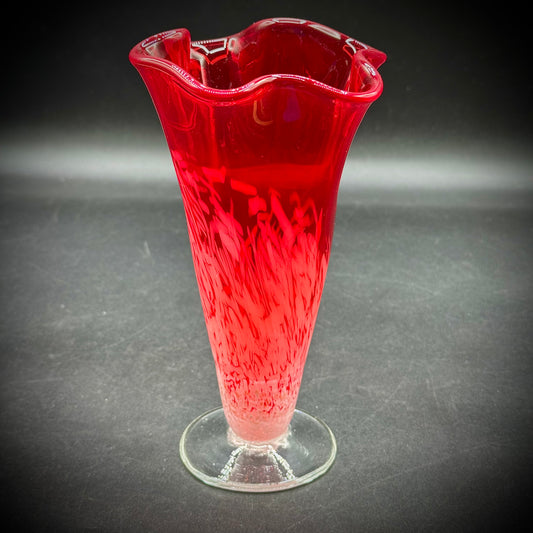 Red & White Art Glass Ruffle Vase