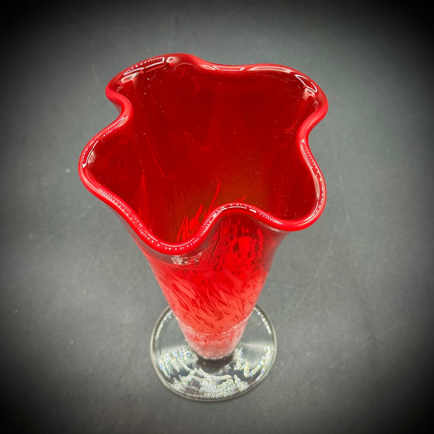 Red & White Art Glass Ruffle Vase