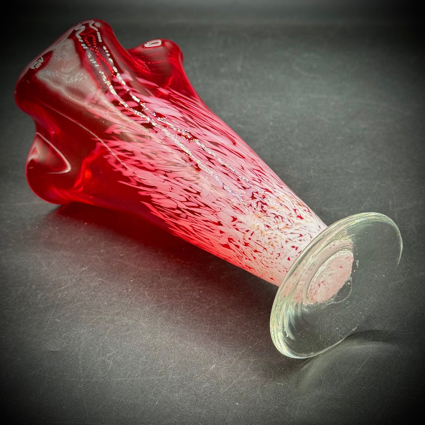 Red & White Art Glass Ruffle Vase