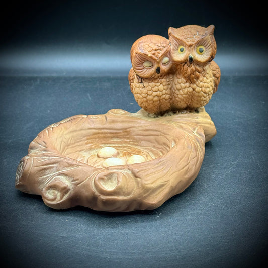 Vintage Ceramic Owl Parents with Nest
