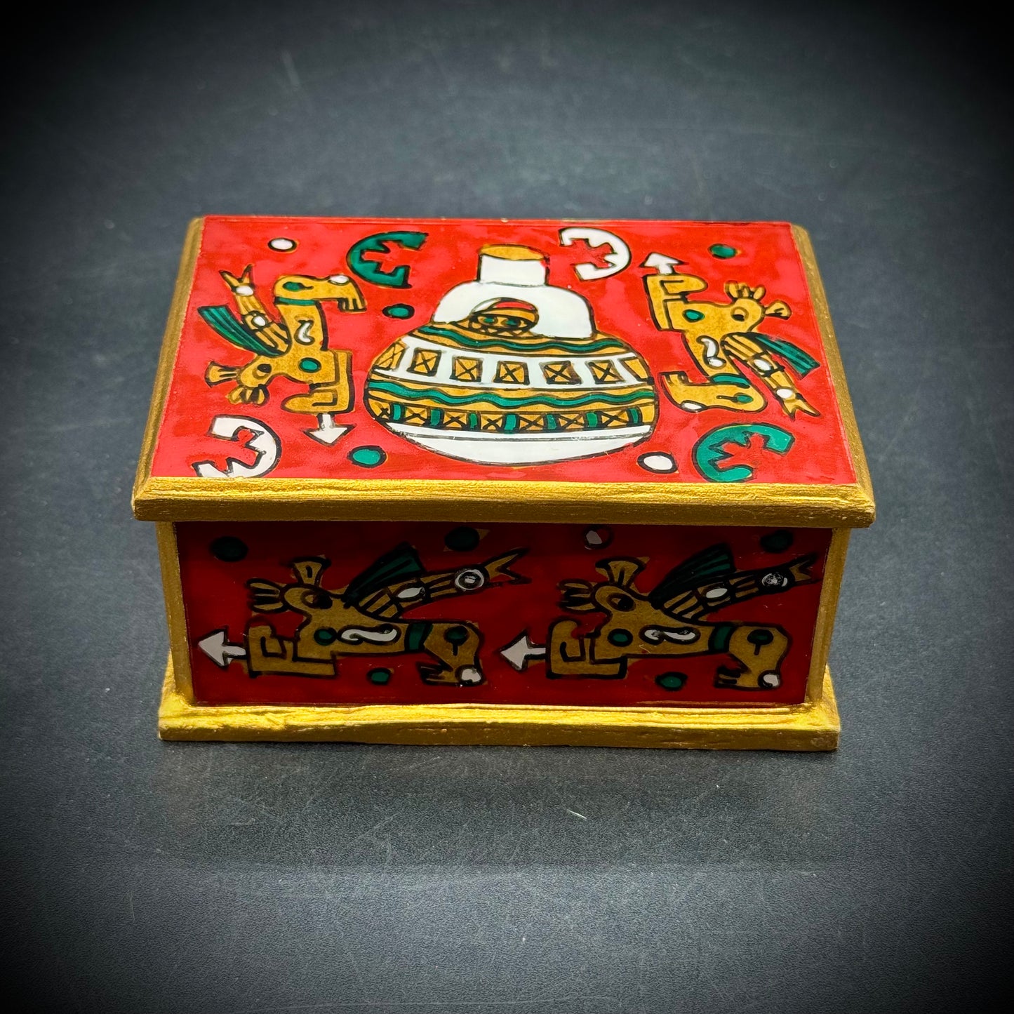 South American Made Mayan Motif Hinged Lidded Trinket Box